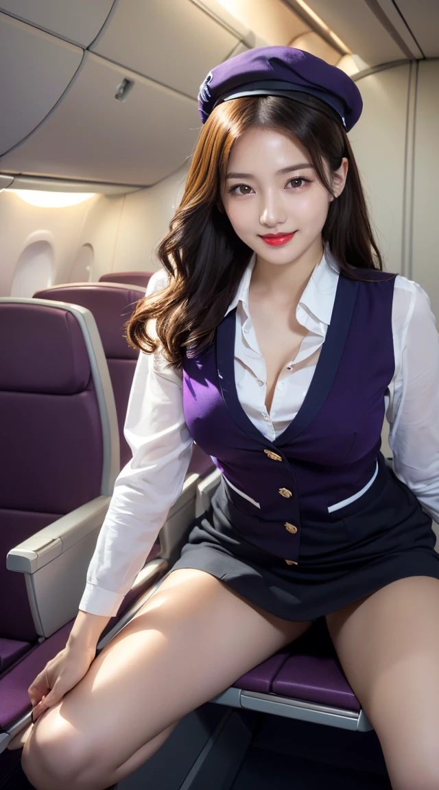 (((opened her legs apart、opened the legs apart)))、(((full body,including legs、sitting down,opened legs apart)))、(((perfect uniform of Japanese stewardess, perple uniform,necktie, purple vest-dress uniform、purple small hat, (black high-heel),  little smile,white blouse,tight blouse、purple tight skirt))), white gloves, short gloves,  high heel、(((transparant nipples,stands out nipples))),Dressed up、(Photo real:1.4)、(A hyper-realistic:1.4)、(Photorealistic:1.3)、 (gentle lighting: 1.05)、(Improve the lighting quality of your video:0.9)、32k、 1Girl、28years old girl、photorealistic lighting、Back lighting、Facial Lights、Ray Trace、(bright:1.2)、(Increase quality:1.4)、 (best quality real texture skin)、Fair eyes,Delicate and delicate face, Close-up of the breasts, white blouse,tight blouse,tight jump-skirt , (Bodyline mood improvement:1.1)、Glossy skin、wavy hair,blonde hair,韓国アイドル、乃木坂アイドル、Sculptural Idol Pose、little smile,blush,Beautiful actress、Neat woman,whole body, (((midium breasts,beautiful breasts))),(perfect row of teeth),slender waist and hip,beautiful long legull shot)、((8heads tall)、(((誘惑している、恥ずかしい)))、(((opened her legs apart、opened the legs apart)))、 dynamic pose,gravure pose,(eye shadow),((red cheek、red lips)),Super Clean Night View、night time、blush,little smile,(((full shot)))、Super Clean Night View、night time、blush,little smile,(((in the air plane))),