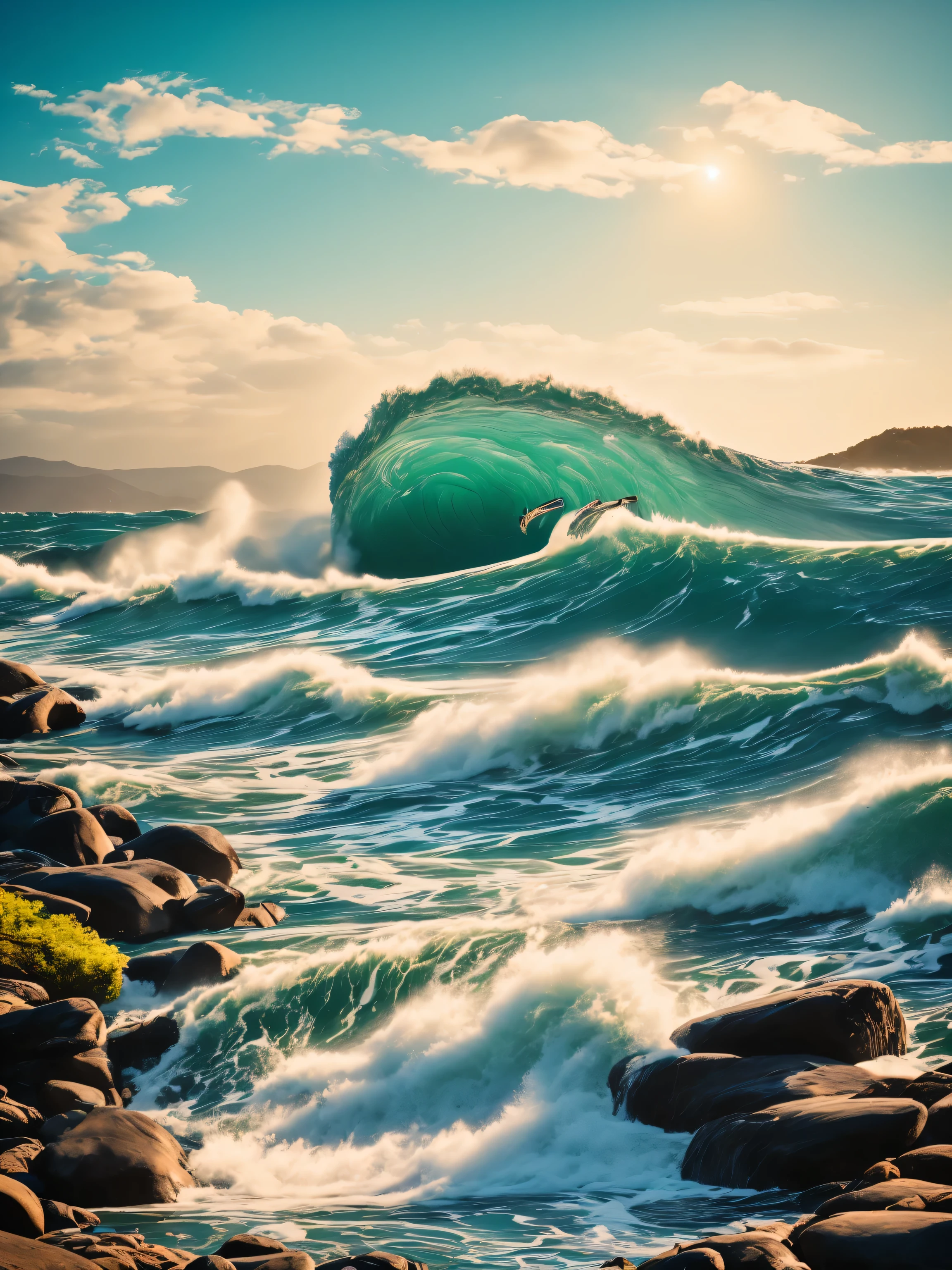 This digital painting captures the essence of Japanese culture through a picturesque scene of a raging sea. The detailed waves create a peaceful and harmonious atmosphere, while the pink and purple tones in the sky provide a bright and dynamic pop of color. The Japanese calligraphy in the upper right corner adds a touch of authenticity and reinforces the impression of a moment frozen in time. This digital painting is an ode to the beauty of nature and the simplicity of life, inspiriert von der japanischen Kultur.