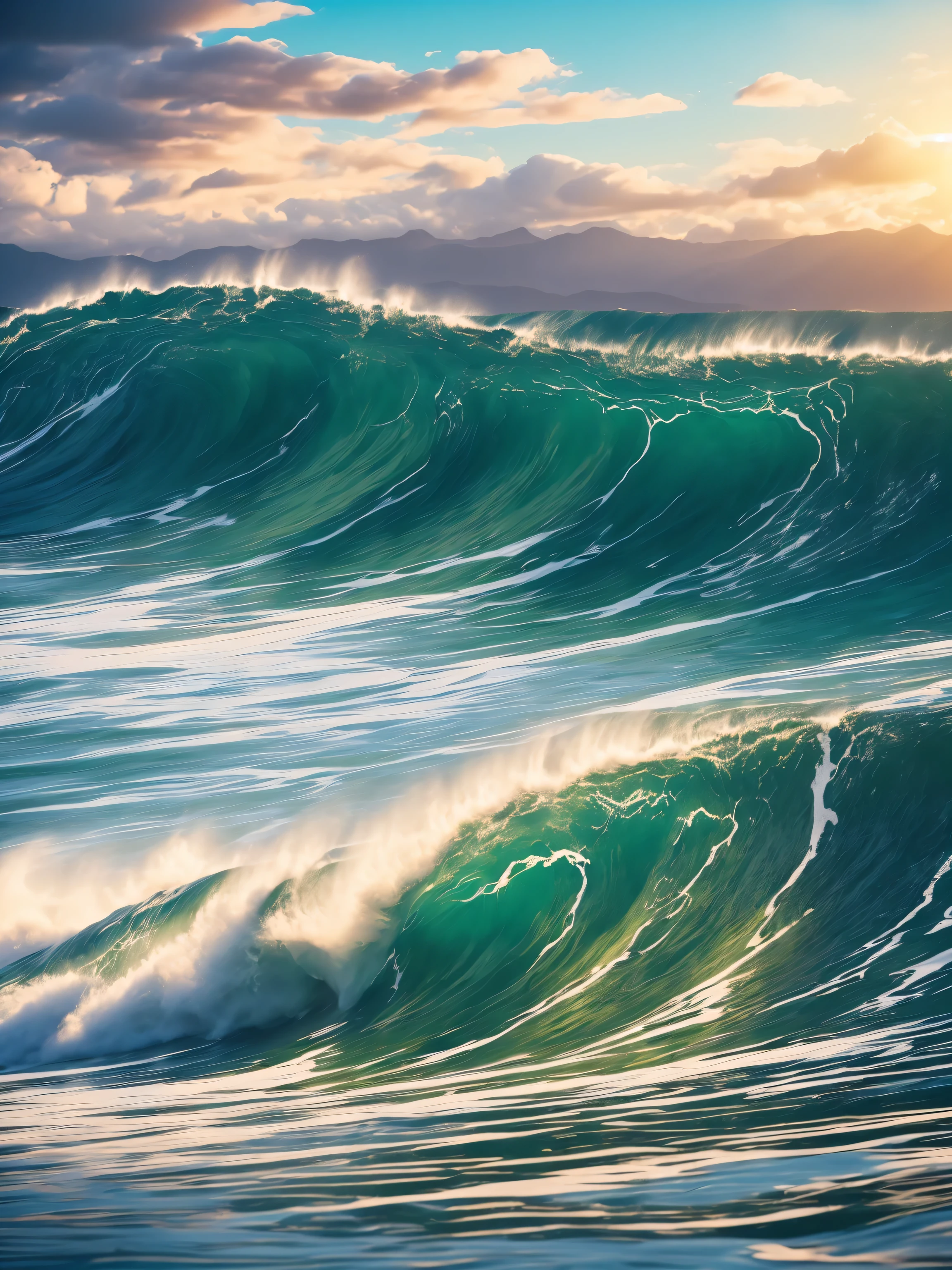 This digital painting captures the essence of Japanese culture through a picturesque scene of a raging sea. The detailed waves create a peaceful and harmonious atmosphere, while the pink and purple tones in the sky provide a bright and dynamic pop of color. The Japanese calligraphy in the upper right corner adds a touch of authenticity and reinforces the impression of a moment frozen in time. This digital painting is an ode to the beauty of nature and the simplicity of life, inspiriert von der japanischen Kultur.