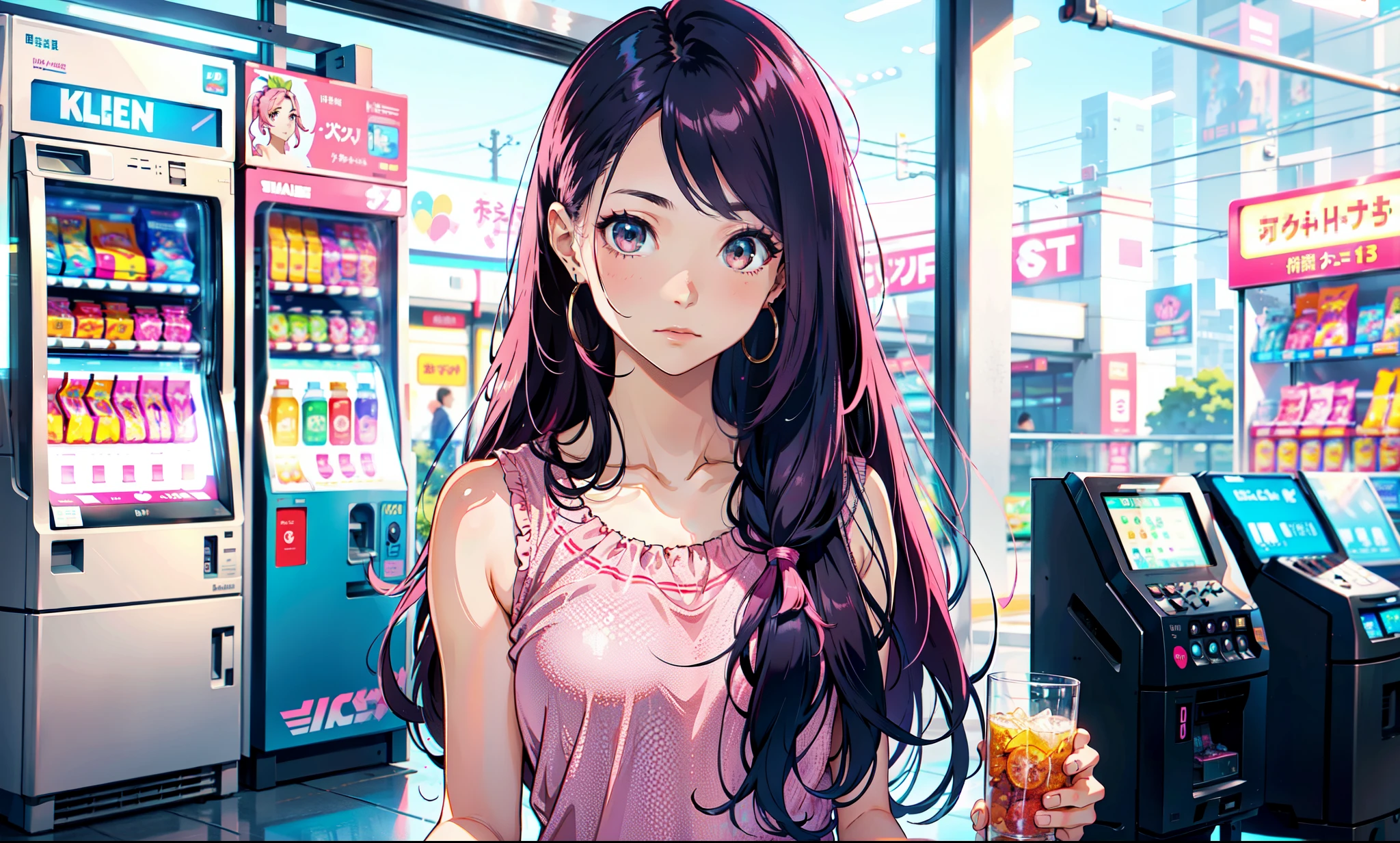 a close up of a woman with long hair standing in front of a row of vending machines, straight hairstyle, with long pink hair, pink long hair, casual clothing