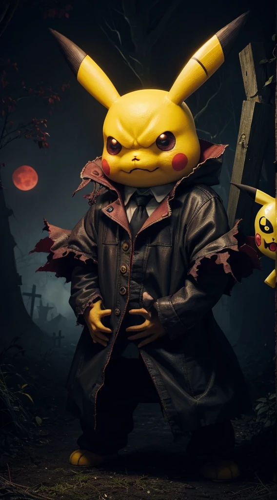 The terrifying very big Pikachu，Very angry Pikachu，Thick mist wraps the vines, There is a big red moon behind，a haunted house,strange forest,abandoned shelter,Creepy doll,Sinister shadows,Possessed by demons,Haunted dollhouse,The Cursed Mirror,Prank activity,zombies apocalipsis,Spooky cemetery,,Evil spirits,