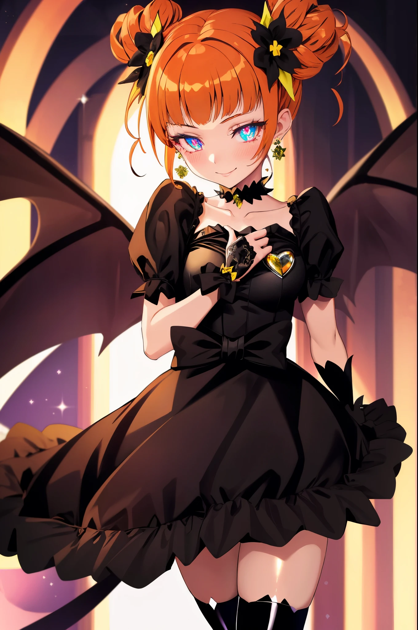 best quality, ultra detailed,1girl, solo, aaalice, yellow eyes, orange hair, long hair, twintails, double bun, hair ornament, hair flower, earrings, green choker, magical girl, heart brooch, dress, (black dress:1.2), black shorts, puffy short sleeves, black dress, wrist cuffs, waist bow, skirt, boots, knee boots, black skirt with frills, medium breast, black enamel boots, evil smile, (shiny fabric:1.5), full body shot, purple gem, seductive pose, blush, demon tail, (beautiful detailed eyes:1.6), extremely detailed face, perfect lighting, extremely detailed CG, (perfect hands, perfect anatomy), devil tail, red and black color scheme, shiny material, smirks, black ribbon, black satin gloves, bat wings ornament, black frills, jewelry, corruption, latex shine, black gothic cloak,