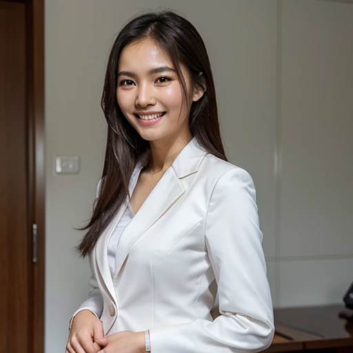 Thai girl, realistic image, standing, wearing a suit, executive look, smooth, delicate skin, white skin, beautiful anime face, smile showing teeth.