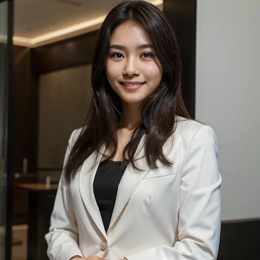 Thai girl, realistic image, standing, wearing a suit, executive look, smooth, delicate skin, white skin, beautiful anime face, smile showing teeth.