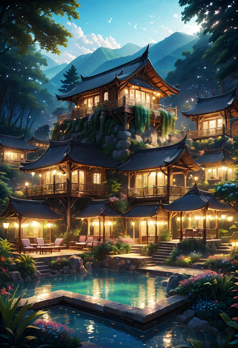 Modern luxury resort concept design.Resort/Resorts/resort.Closeup focus on high definition luxury resort.(best quality,4K,8k,high resolution,masterpiece:1.2),Super detailed,(actual,photoactual,photo-actual:1.37)It's a hidden and unique place,As if hidden in the embrace of nature。Located at the foot of the mountain、Deep in the forest or next to a lake,Isolated from the busy city and the hustle and bustle of the world。Surrounded by natural landscape,such as dense trees、Verdant meadows、Stretching mountains or sparkling lakes。People who live here can wake up in the morning to the sound of birdsong,Admire the twinkling stars at night。This place probably has a garden too,Planted with various flowers and plants,Exudes charming fragrance.Enjoy a life that is one with nature,Soak up the peace and tranquility.Reconnect with nature,Find inner peace and balance。It’s a very relaxing resort.