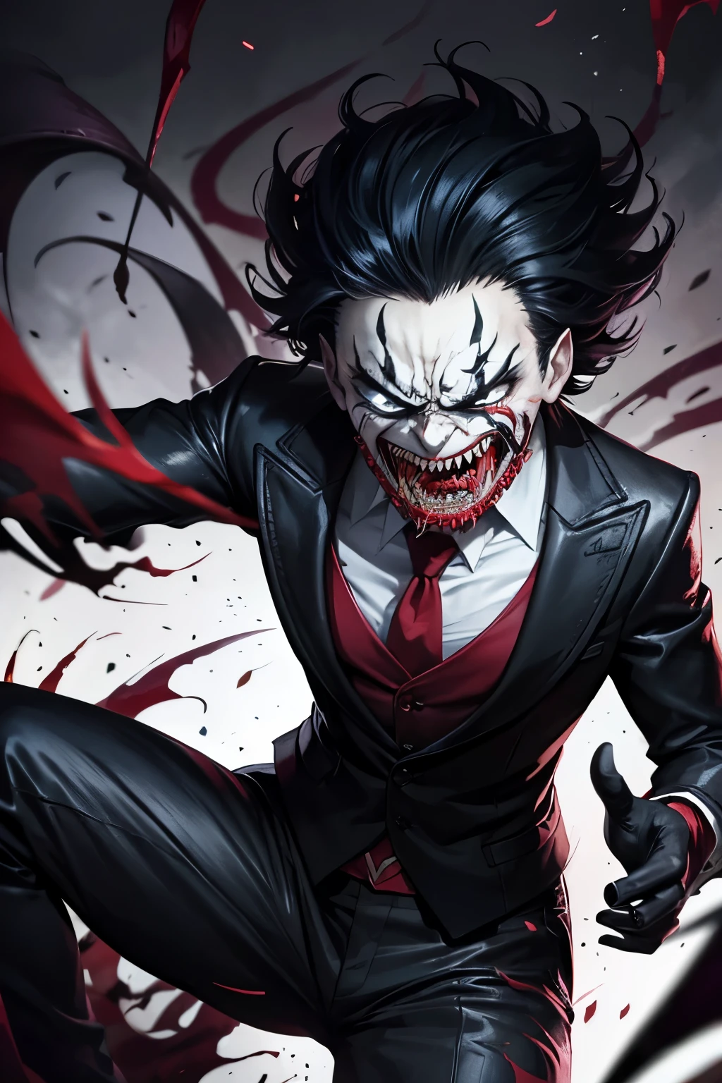 dark joker sorting sharp teeth, red eyes