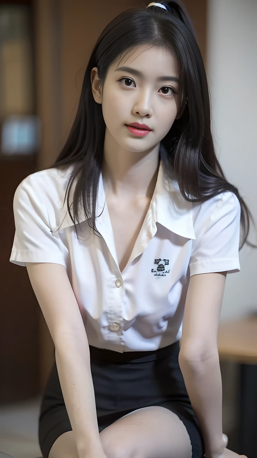 best quality, natural lighting, masterpiece, 1 girl, perfect beautiful face, (photo photo:1.3), edge lighting, photography lighting, (high detail skin:1.2), 8k ultra hd, DSLR, high quality, high resolution, white skin, detailed textured skin, 3/4 body in frame, sexy posing, poker face, perfect propotion face, symetric face, eye level shot, 4k, 8k, bokeh, absurd, best ratio four fingers and one thumb, (realistic:1.3), beautiful detailed girl, cute 1girl, dark-brown hair, ponytail, long hair, bangs, volume hairs, collosal-breast, full looking breast, projecting breast, slim waist, slender, small thighs, perfectly proportion, university background, detailed background, mahalaiuniform, white shirt short sleeves, black pencil skirt, black pleated skirt