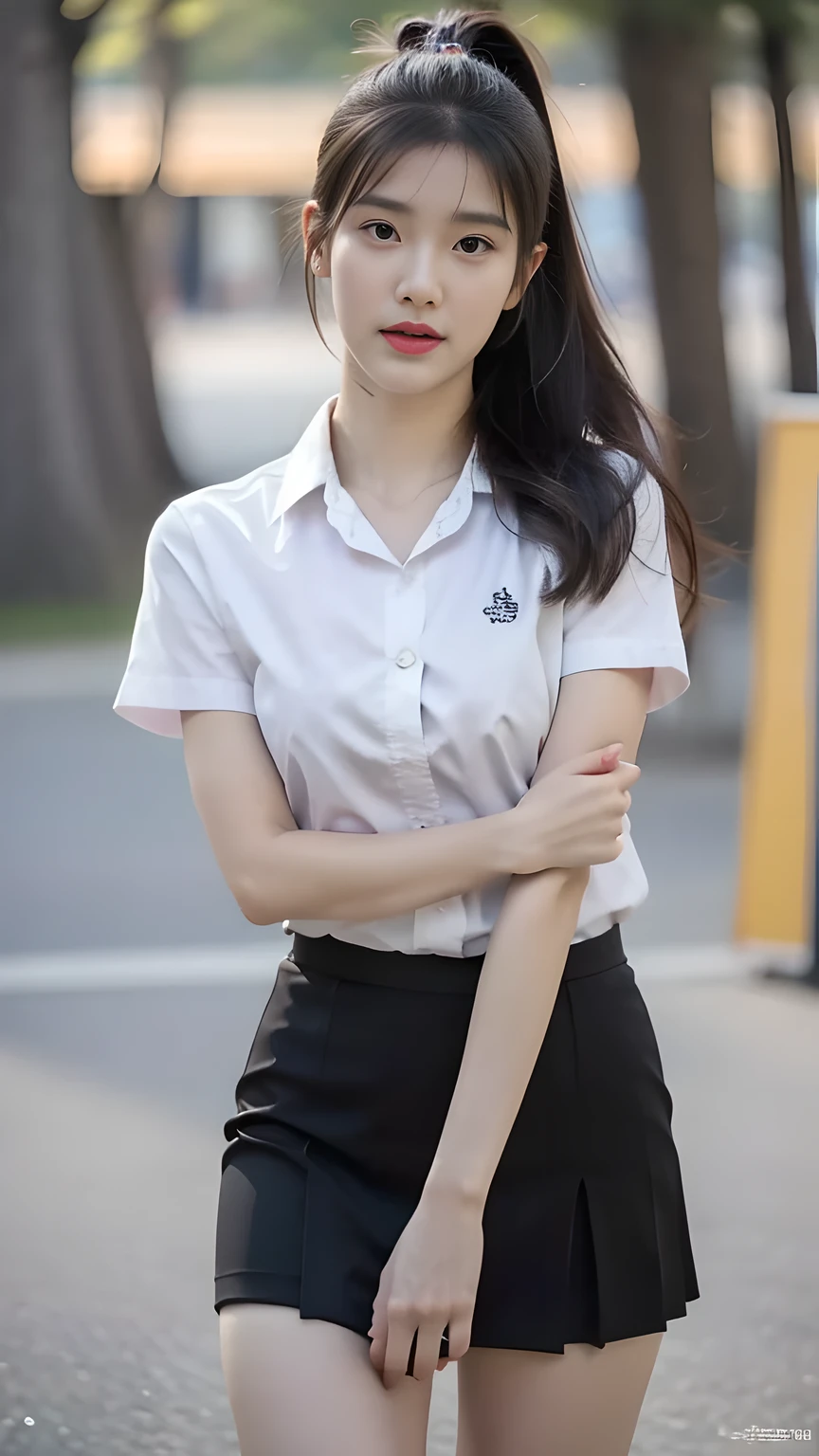best quality, natural lighting, masterpiece, 1 girl, perfect beautiful face, (photo photo:1.3), edge lighting, photography lighting, (high detail skin:1.2), 8k ultra hd, DSLR, high quality, high resolution, white skin, detailed textured skin, 3/4 body in frame, sexy posing, poker face, perfect propotion face, symetric face, eye level shot, 4k, 8k, bokeh, absurd, best ratio four fingers and one thumb, (realistic:1.3), beautiful detailed girl, cute 1girl, dark-brown hair, ponytail, long hair, bangs, volume hairs, collosal-breast, full looking breast, projecting breast, slim waist, slender, small thighs, perfectly proportion, university background, detailed background, mahalaiuniform, white shirt short sleeves, black pencil skirt, black pleated skirt