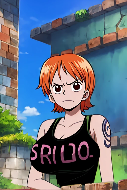 nami, 1girl, solo, breasts, short_hair, bangs, huge_breasts, shirt, bare_shoulders, closed_mouth, upper_body, outdoors, sleeveless, orange_hair, black_eyes, english_text, v-shaped_eyebrows, black_shirt, sleeveless_shirt, tattoo, frown, parody, tank_top, clothes_writing, arm_tattoo, shoulder_tattoo, ruins, brick_wall