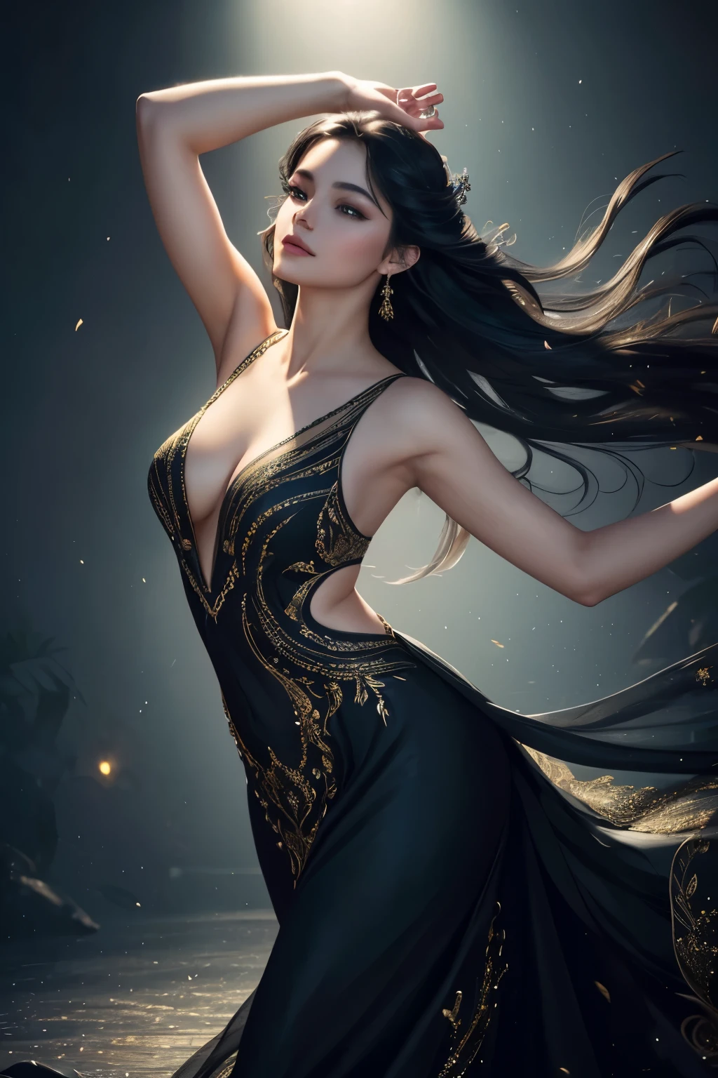 (high quality, detailed, realistic:1.2), Zephyr dancing, black hair, elegant movements, flowing dress, graceful pose, soft lighting, artistic portrait, vivid colors, delicate features, captivating eyes, enchanting atmosphere, professional photography, mesmerizing beauty, dreamlike ambiance, fine artistry.