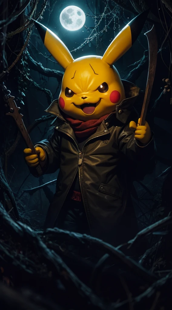 Scary big Pikachu,Pikachu is very angry,Thick mist wraps the vines, There is a big red moon behind,a haunted house,strange forest,abandoned shelter,Creepy doll,sinister shadow,Possessed by demons,Haunted dollhouse,The Cursed Mirror,Prank activity,zombies apocalipsis,Spooky cemetery,,Evil spirits,