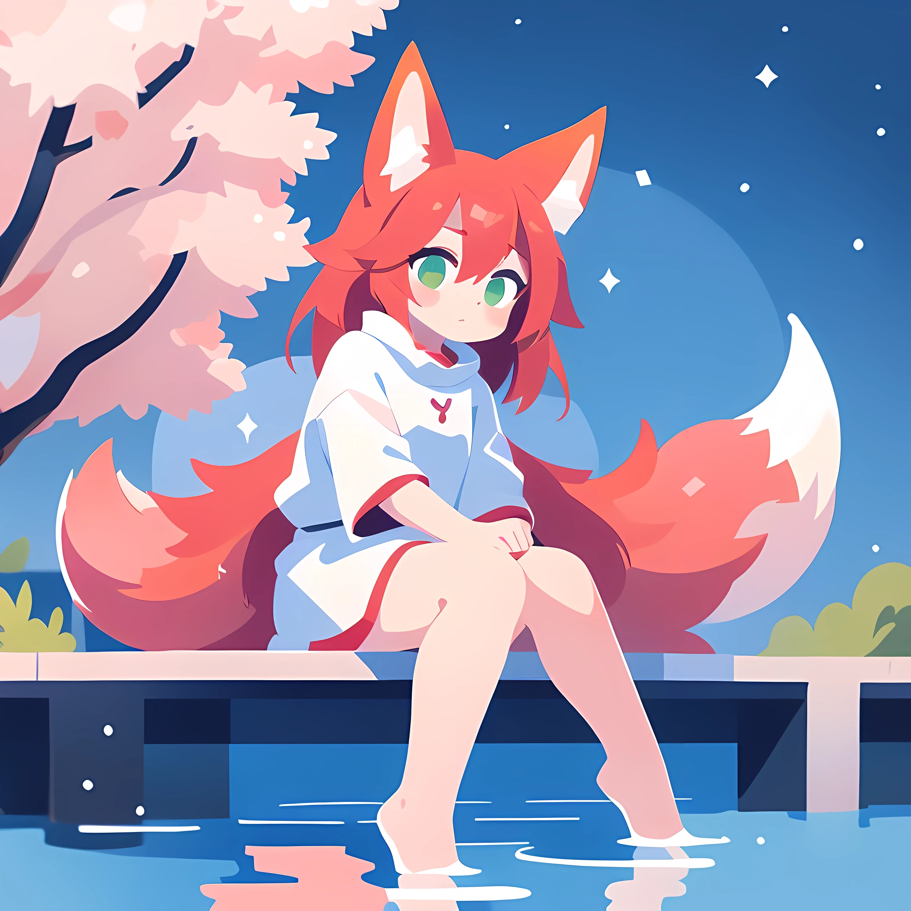 1girl, solo, red hair, green eyes, white clothes, adult, fox ears, fox tail, light skin, (sakura on background),  fullbody, sitting around the lake