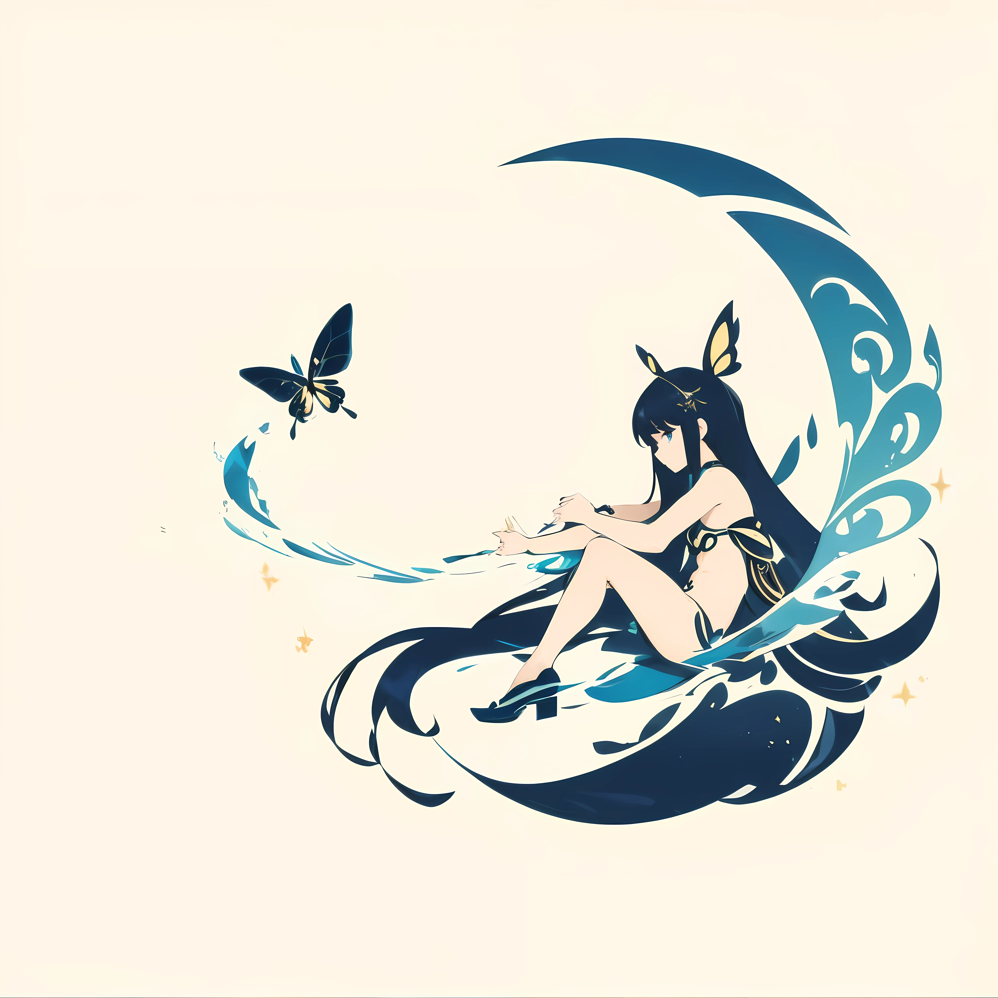  long haired butterfly girl goddess with round circular wing shape on the left side and sharp fluid wing shape on the right side, arms holding onto a globe looking at the globe, small butterflies flying around her, side view, mystical creative energy, simplistic, with strong white outline, simple game logo loading screen icon, white background, 