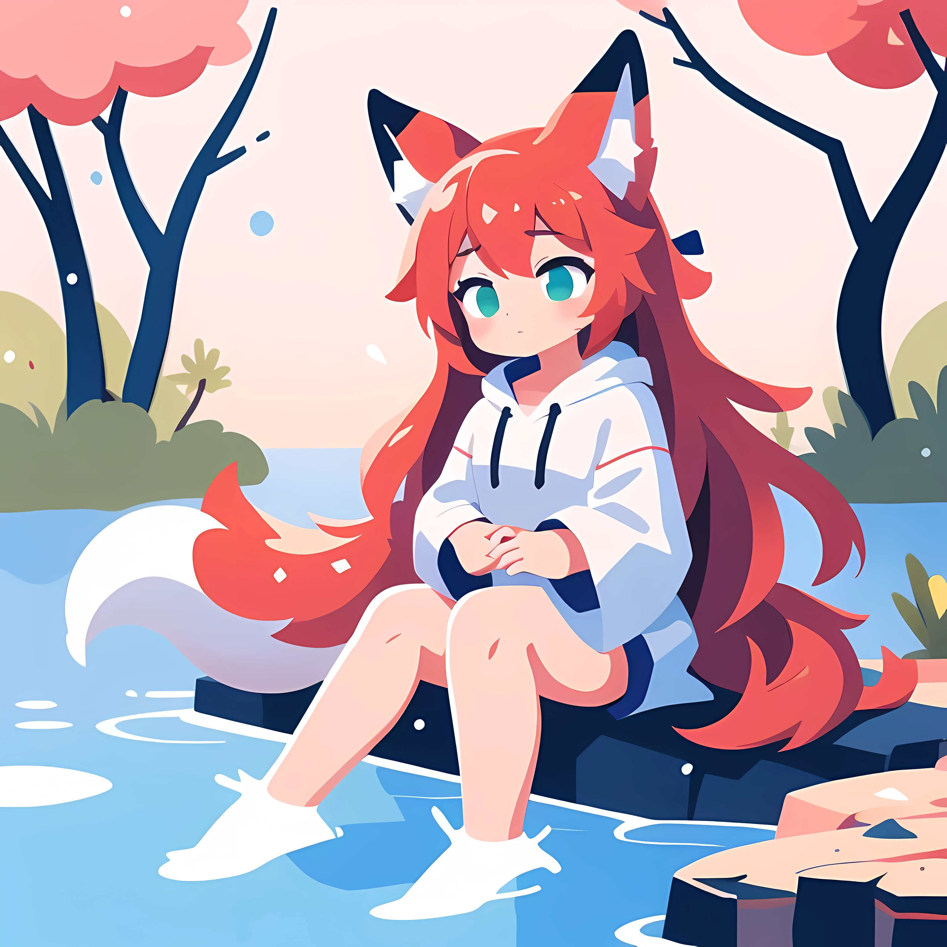 1girl, solo, red hair, green eyes, white clothes, adult, fox ears, fox tail, light skin, (sakura on background),  fullbody, sitting around the lake