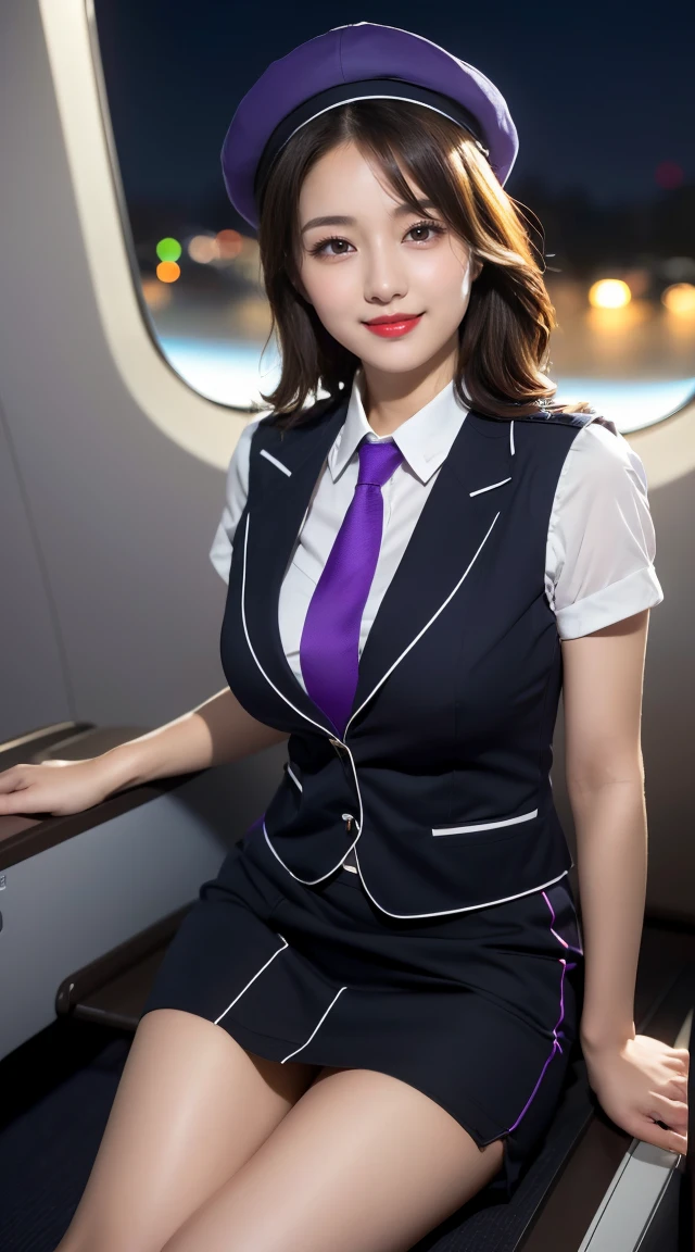 (((opened her legs apart、opened the legs apart)))、(((full body,including legs、sitting down,opened legs apart)))、(((perfect uniform of Japanese stewardess, perple uniform,necktie, purple vest-dress uniform、purple small hat, (black high-heel),  little smile,white blouse,tight blouse、purple tight skirt))), white gloves, short gloves,  high heel、(((transparant nipples,stands out nipples))),Dressed up、(Photo real:1.4)、(A hyper-realistic:1.4)、(Photorealistic:1.3)、 (gentle lighting: 1.05)、(Improve the lighting quality of your video:0.9)、32k、 1Girl、28years old girl、photorealistic lighting、Back lighting、Facial Lights、Ray Trace、(bright:1.2)、(Increase quality:1.4)、 (best quality real texture skin)、Fair eyes,Delicate and delicate face, Close-up of the breasts, white blouse,tight blouse,tight jump-skirt , (Bodyline mood improvement:1.1)、Glossy skin、wavy hair,blonde hair,韓国アイドル、乃木坂アイドル、Sculptural Idol Pose、little smile,blush,Beautiful actress、Neat woman,whole body, (((midium breasts,beautiful breasts))),(perfect row of teeth),slender waist and hip,beautiful long legull shot)、((8heads tall)、(((誘惑している、恥ずかしい)))、(((opened her legs apart、opened the legs apart)))、 dynamic pose,gravure pose,(eye shadow),((red cheek、red lips)),Super Clean Night View、night time、blush,little smile,(((full shot)))、Super Clean Night View、night time、blush,little smile,(((in the air plane))),
