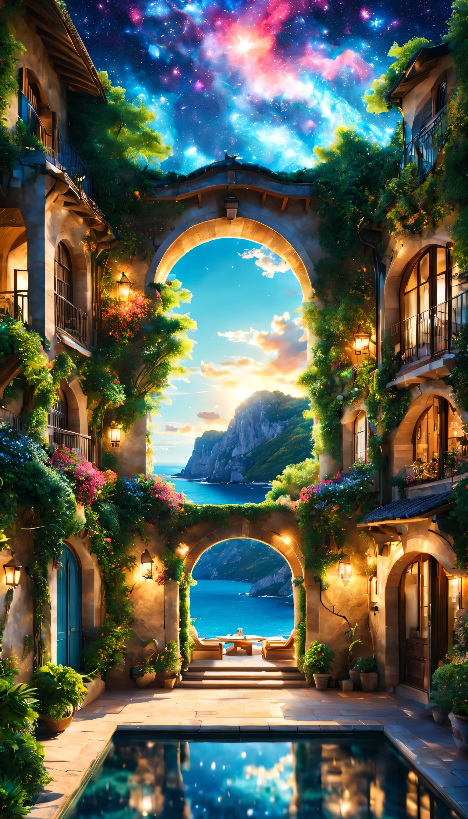 Highestのリゾート地の風景photograph,beautiful sea,高品質でwonderful家具:designer furniture,A beautiful sky spreads out,dream-like,summer,cloud,sky blue,Marine Blue,wonderful景色が広がります,Luxury Resorts,luxurious space,Velar,An environment surrounded by rich nature,Highestの時間をあなたに,Highest品質,photograph,structurally correct,perfect composition,広告用に撮影されたphotograph,beautiful light and shadow,Photographed by a professional photographer,Highestのリゾート地に選ばれた,rich colors,Cast colorful spells,be familiar with,fantastic,wonderful,South of France,light effect,Sparkling,reflection,night,night空,star,Highest