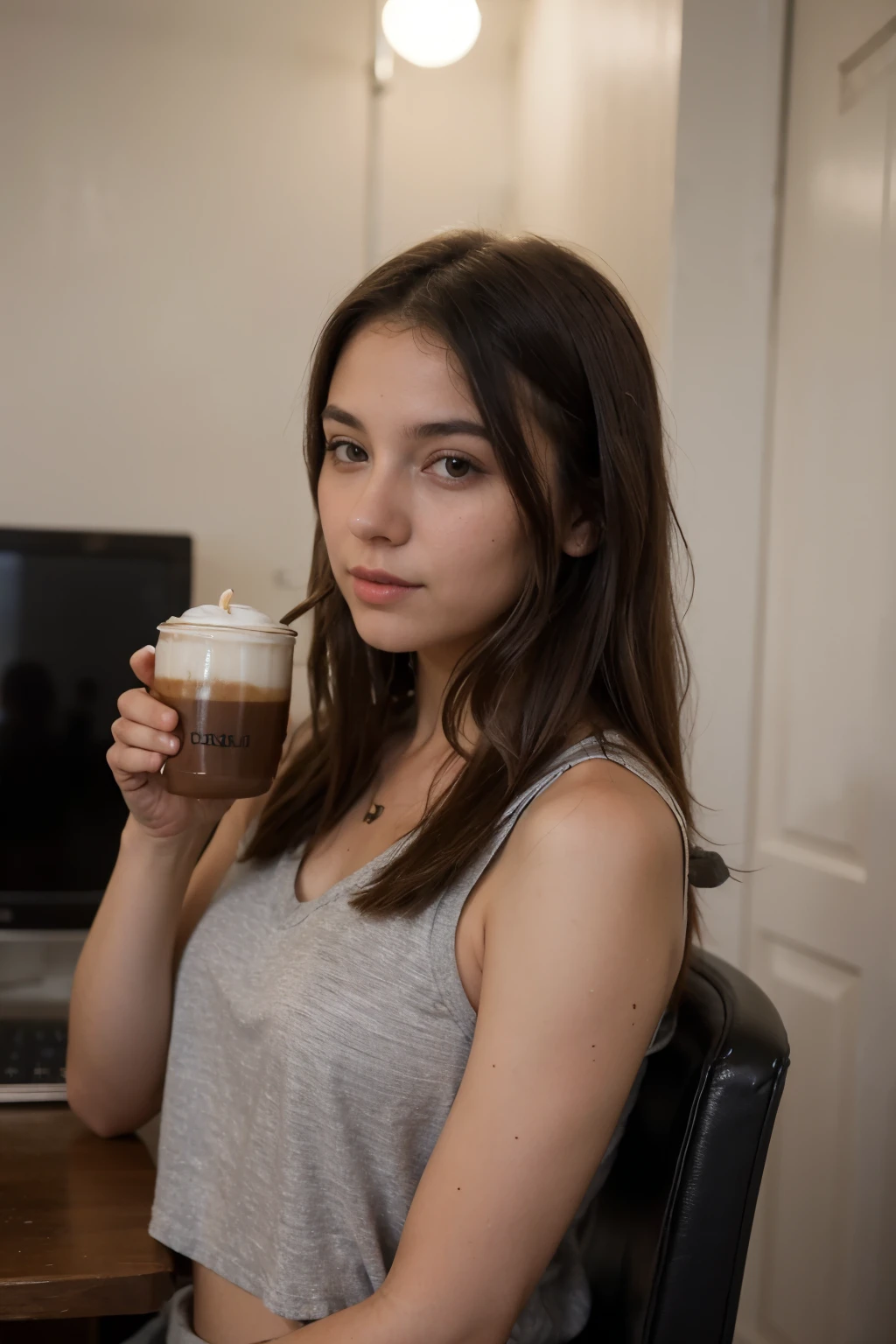 (francesa), (piel morena), (adolescente), (vestida), (drinking coffee)