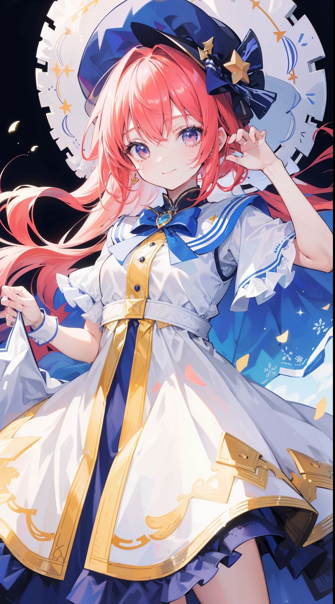 32k, best quality, ultra-detailed, high resolution, perfect anatomy, head on, cute girl, cute dress, cute hat, cute smile, colorful background, 