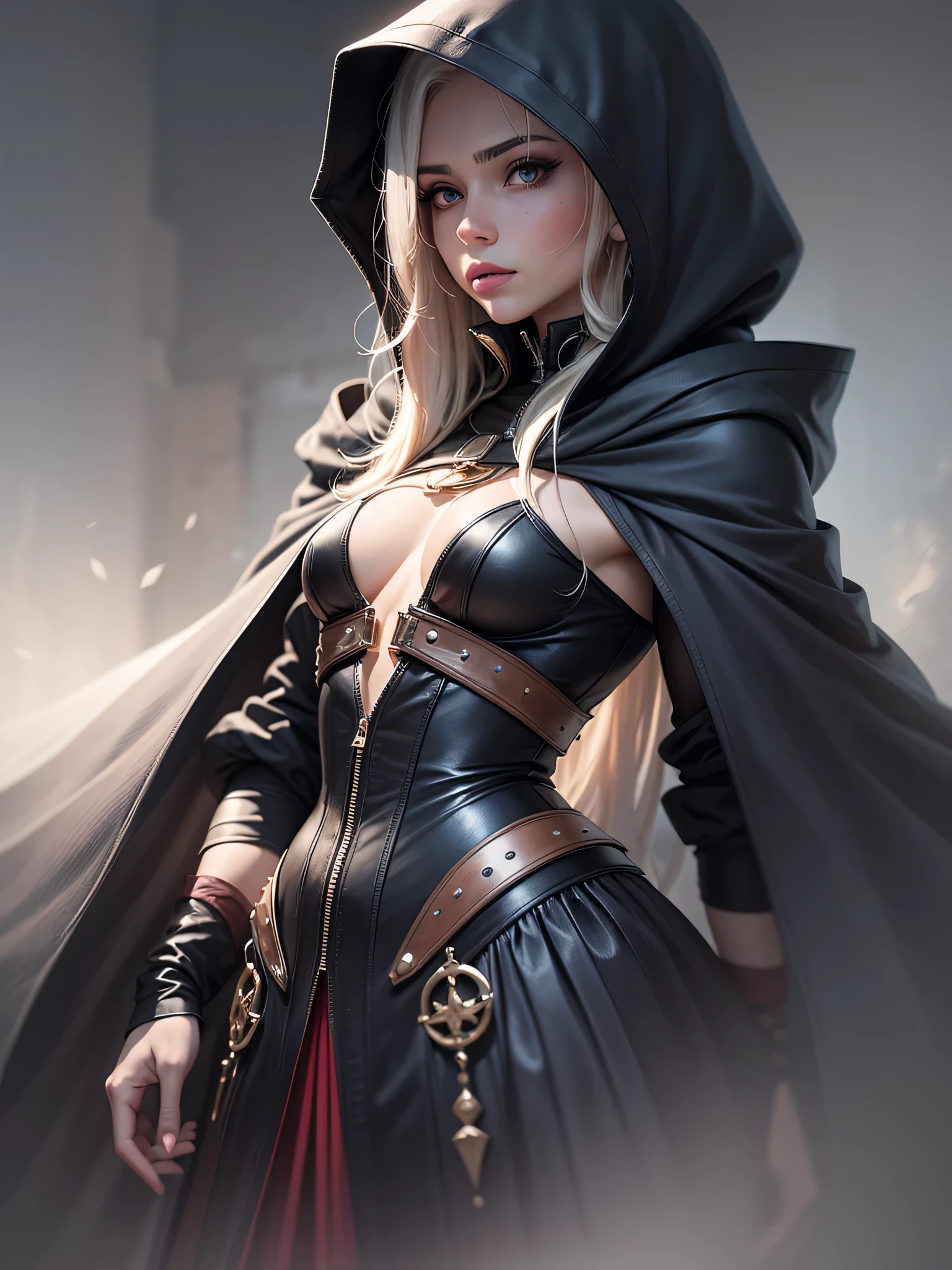 (Uhd, photorealistic, facial focus, intricate details, highly detailed ambient yellow light) young Slavic woman in a dungeon, vampiric, petite, seductive, mid-20s, (angelic face, dark shadow, thin lips, wide menacing smile), perfect body, ((waist, hips)), (((embroidered black cape, hood))), ancient