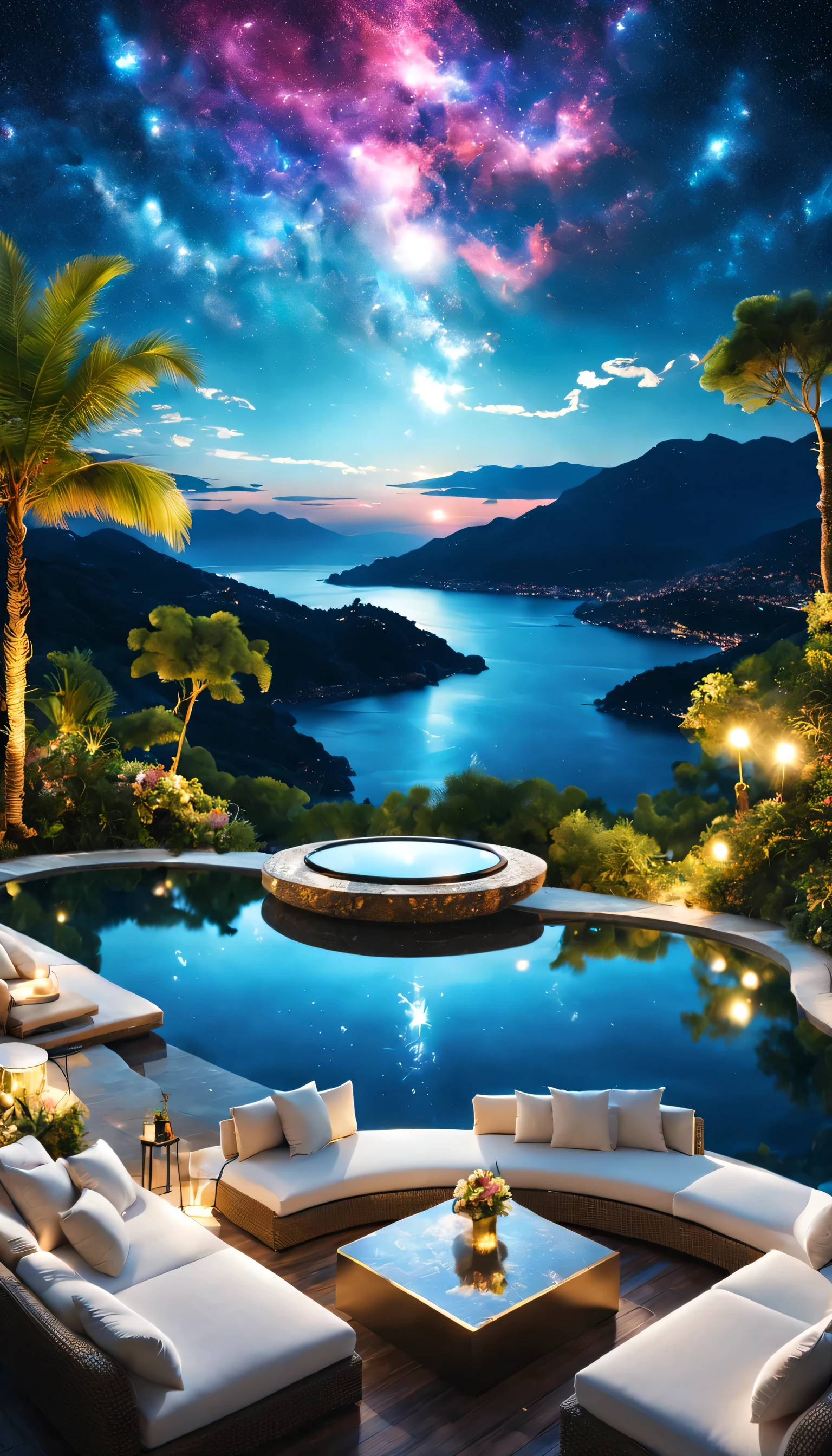 Highestのリゾート地の風景photograph,beautiful sea,高品質でwonderful家具:designer furniture,A beautiful sky spreads out,dream-like,summer,cloud,sky blue,Marine Blue,wonderful景色が広がります,Luxury Resorts,luxurious space,Velar,An environment surrounded by rich nature,Highestの時間をあなたに,Highest品質,photograph,structurally correct,perfect composition,広告用に撮影されたphotograph,beautiful light and shadow,Photographed by a professional photographer,Highestのリゾート地に選ばれた,rich colors,Cast colorful spells,be familiar with,fantastic,wonderful,South of France,light effect,Sparkling,reflection,night,night空,star,Highest