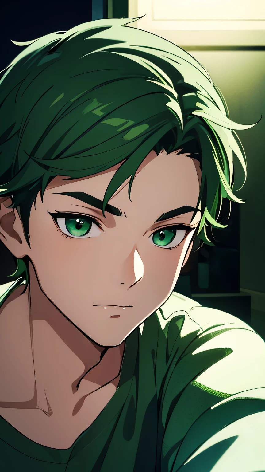 18 year old man green hair, green eyes, wearing black pajamas, in room at night, taking selfie, portrait, night, dark, very detailed