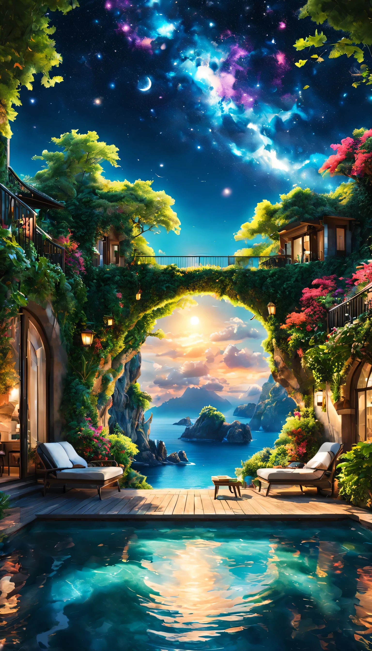 Highestのリゾート地の風景photograph,beautiful sea,高品質でwonderful家具:designer furniture,A beautiful sky spreads out,dream-like,summer,cloud,sky blue,Marine Blue,wonderful景色が広がります,Luxury Resorts,luxurious space,Velar,An environment surrounded by rich nature,Highestの時間をあなたに,Highest品質,photograph,structurally correct,perfect composition,広告用に撮影されたphotograph,beautiful light and shadow,Photographed by a professional photographer,Highestのリゾート地に選ばれた,rich colors,Cast colorful spells,be familiar with,fantastic,wonderful,Italy,light effect,Sparkling,reflection,night,night空,star,Highest