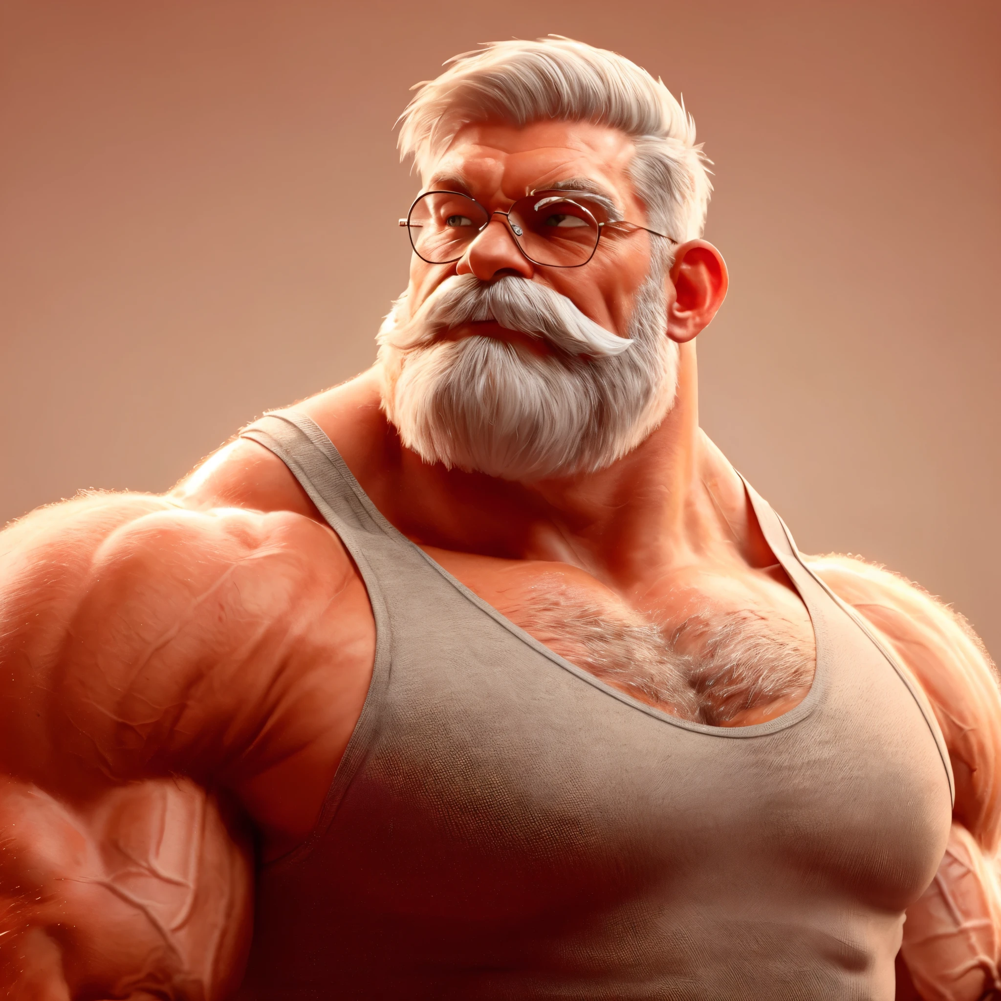 muscular old man, detailed, wearing tank top and shorts, glasses, really big mustache ,really big muscle, bigger muscle, very big muscular, over sized muscle, biggest muscle, big pec muscular, biggest pec muscle, detailed muscle, realistic rendering, CG realistic, 3d realistic, photography, background,