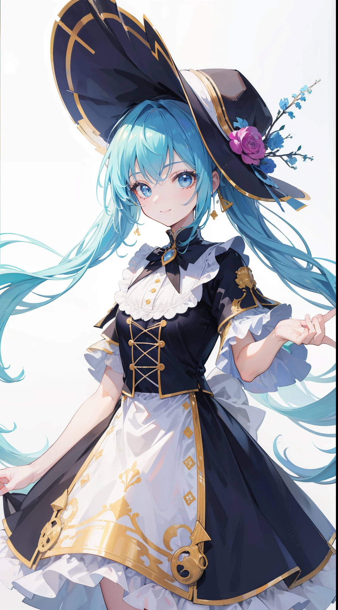 32k, best quality, ultra-detailed, high resolution, perfect anatomy, head on, cute girl, cute dress, cute hat, cute smile, colorful background,