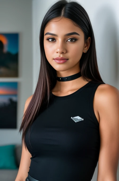 Foto de (Emikin:0.99), uma mulher como influenciadora sexy do TikTok, Cabelo preto, olhos do oceano, nervoso, model shoot style, (papel de parede CG Unit 8K extremamente detalhado), Foto de the most beautiful artwork in the world, Majestoso Profissional (Fotografia de Steve McCurry), 8K Ultra HD, dslr, soft lighting, alta qualidade, Film grain, Sharp focus Fujifilm XT3, f5.6, alto detalhe, sharp focus, dramatic, (vestindo uma camiseta punk), (olhando para o espectador:1.2), (Alunos detalhados:1.3), (luz natural), (fechar-se:1.2), (sedutor)