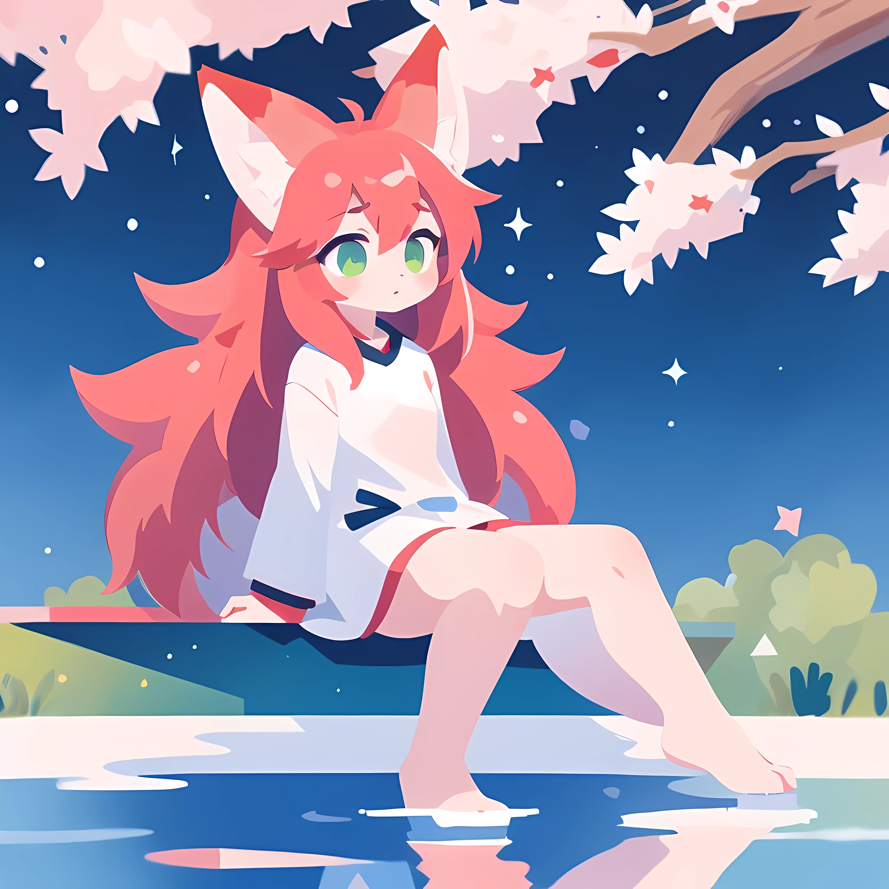 1girl, solo, red hair, green eyes, white clothes, adult, fox ears, fox tail, light skin, (sakura on background),  fullbody, sitting around the lake