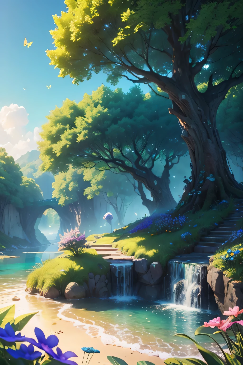 masterpiece, best quality, high quality, extremely detailed cg unity 8k wallpaper, )an extremely colorful and purely fantasy environment with vibrant hues and a bright sky), landscape of bright green grass, colorful trees, glittering fruits, and bright blue flowers, (the streams are a deep shade of blue green), and the air is filled with sweet exotic scents, (the environment appears to be taken out of a dream), with luminescent butterflies and giant colorful birds flying around, award winning photography, bokeh, depth of field, hdr, bloom, chromatic aberration, photorealistic:1.3, extremely detailed, trending on artstation, trending on cgsociety, intricate, high detail, dramatic, art by midjourney,