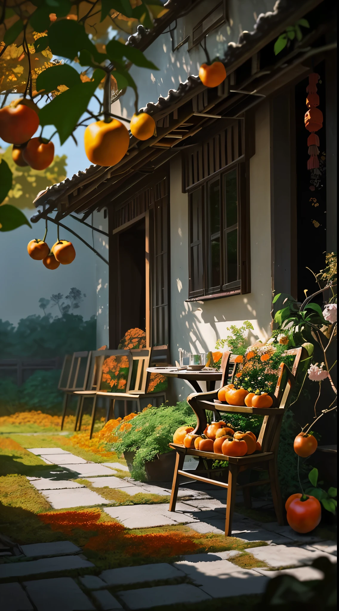 Chinese countryside in the 80s，tile-roofed house，It has a sense of age，Warm late autumn colors，Wooden table and chairs in the courtyard，There are fruit plates on the table，It is surrounded by flowers and plants，There are trees and flowers around，A beautiful artwork illustration，landscape artwork，autumnal，Morning，There is a persimmon tree，It is covered with red persimmons，Lens wide angle，Faraway view，Works of masters，Anime background art，ghibli studio art，