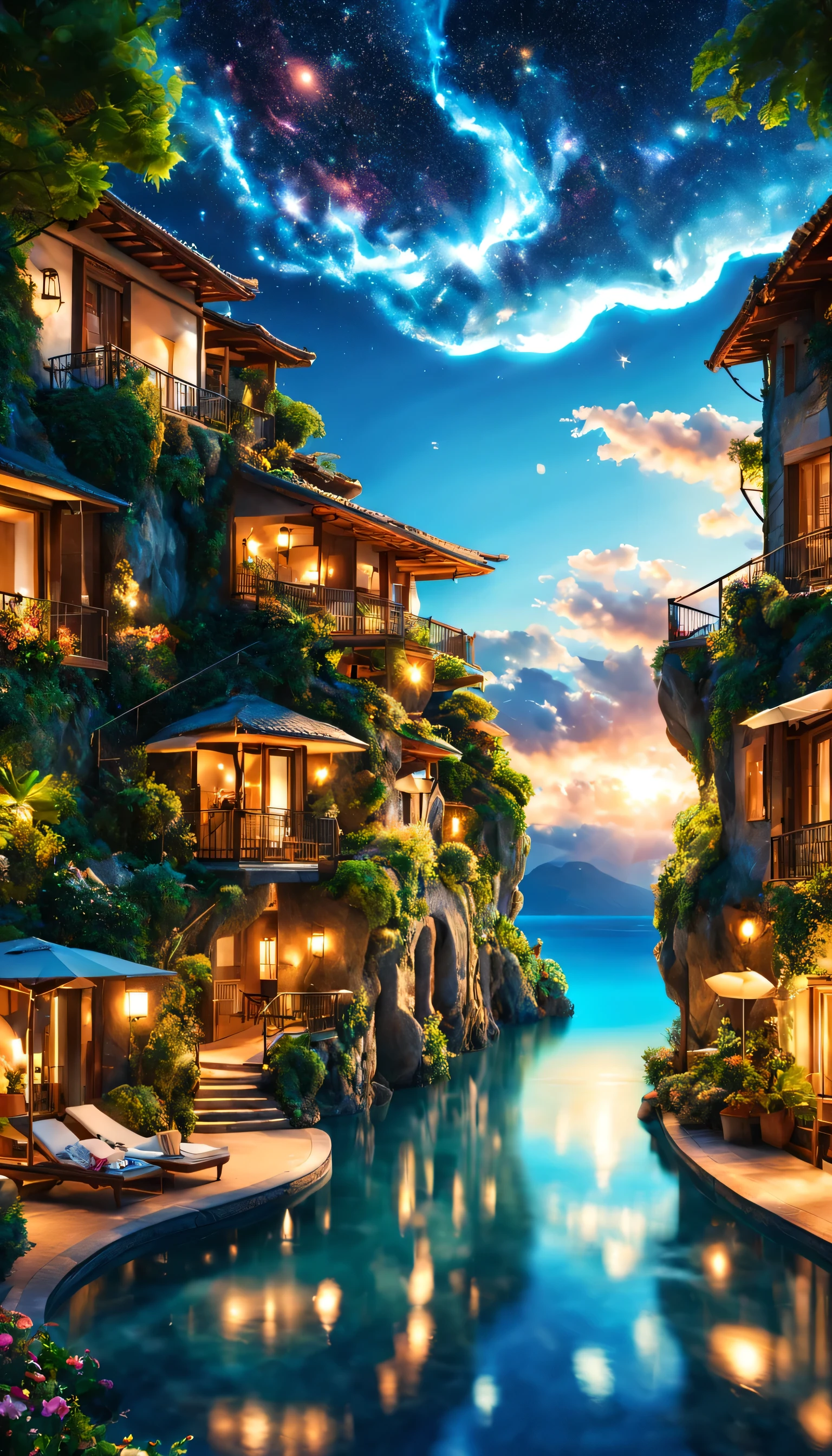 Highestのリゾート地の風景photograph,beautiful sea,高品質でwonderful家具:designer furniture,A beautiful sky spreads out,dream-like,summer,cloud,sky blue,Marine Blue,wonderful景色が広がります,Luxury Resorts,luxurious space,Velar,An environment surrounded by rich nature,Highestの時間をあなたに,Highest品質,photograph,structurally correct,perfect composition,広告用に撮影されたphotograph,beautiful light and shadow,Photographed by a professional photographer,Highestのリゾート地に選ばれた,rich colors,Cast colorful spells,be familiar with,fantastic,wonderful,Italy,light effect,Sparkling,reflection,night,night空,star,Highest