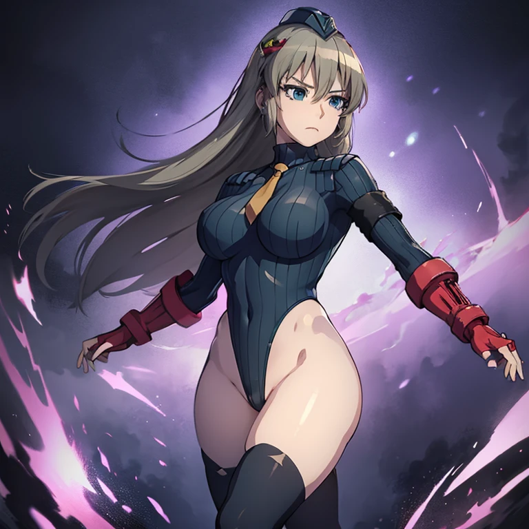 ultra-detailed, Explicit, Beautiful body, Beautiful Nose, Beautiful character design, perfect eyes, perfect face, ultra highres, 4K, beautiful legs, perfect legs, Nice hands, Perfect hand, Masterpiece, Best Quality, Highly detailed, illustration, absurdres, perfect anatomy, street fighter, doll suit, shadaloo doll, dollsuit, expressionless, blank eyes, looking at viewer, red gloves, emotionless, black latex, corrution, mind control, female combatant, full body, hypnotized, unhappy trance, full body suit, ribbed bodysuit, both arms at side, obey, perfect female body, extremely glossy latex, hypnosis, hypnoLora, empty eyes, Mind control device, poses, submissive_pose, Slave, hat, necktie, stand up straight, standing, standing at attention, hat, necktie, belt, latex, ribbed bodysuit, thighhighs, garter belt, Fighting Stance, extending the right arm from the shoulder into the air with a straightened hand, military, thigh boots, 1girl, hair ornaments, grey hair, long hair, green eyes, Ootorii Asuka, Magical Girl Spec-Ops Asuka