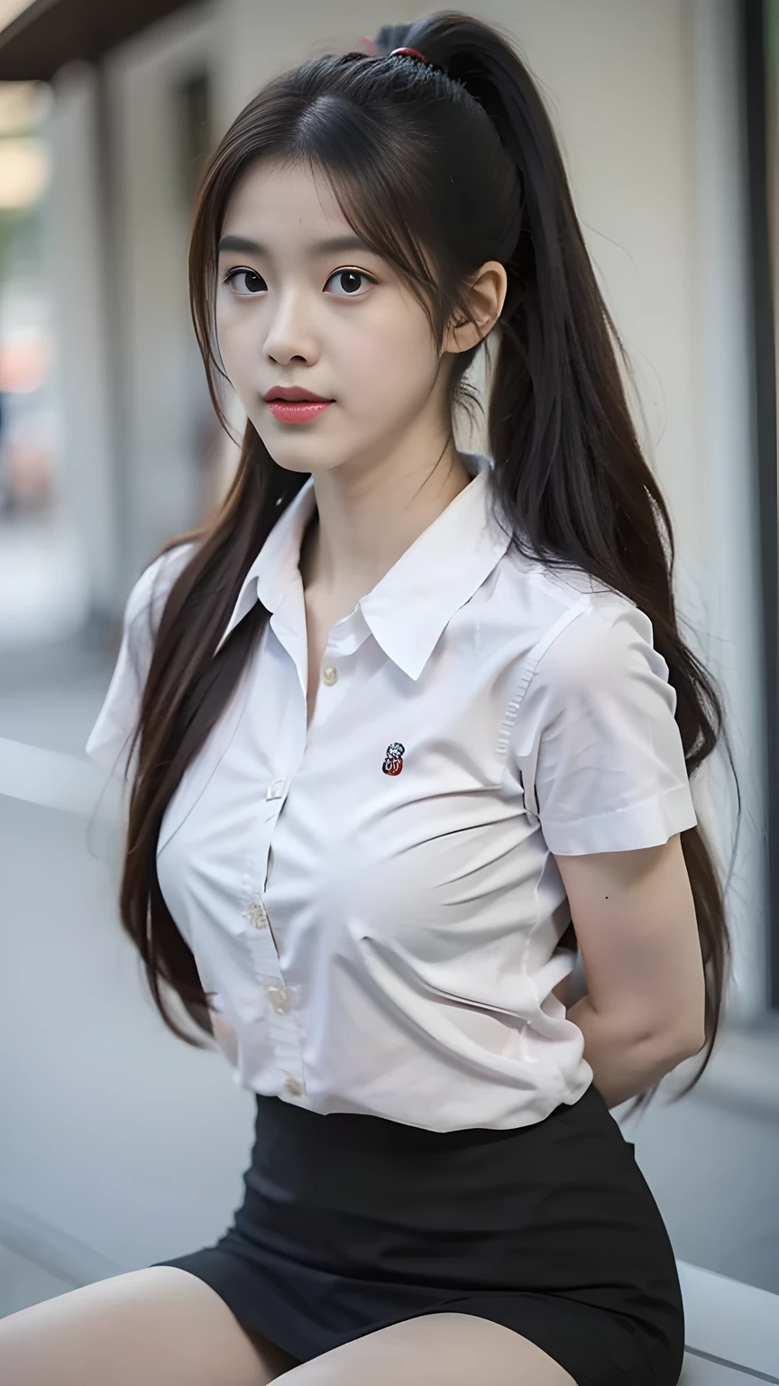best quality, natural lighting, masterpiece, 1 girl, perfect beautiful face, (photo photo:1.3), edge lighting, photography lighting, (high detail skin:1.2), 8k ultra hd, DSLR, high quality, high resolution, white skin, detailed textured skin, 3/4 body in frame, sexy posing, poker face, perfect propotion face, symetric face, eye level shot, 4k, 8k, bokeh, absurd, best ratio four fingers and one thumb, (realistic:1.3), beautiful detailed girl, cute 1girl, dark-brown hair, ponytail, long hair, bangs, volume hairs, collosal-breast, full looking breast, projecting breast, slim waist, slender, small thighs, perfectly proportion, university background, detailed background, mahalaiuniform, white shirt short sleeves, black pencil skirt, black pleated skirt
