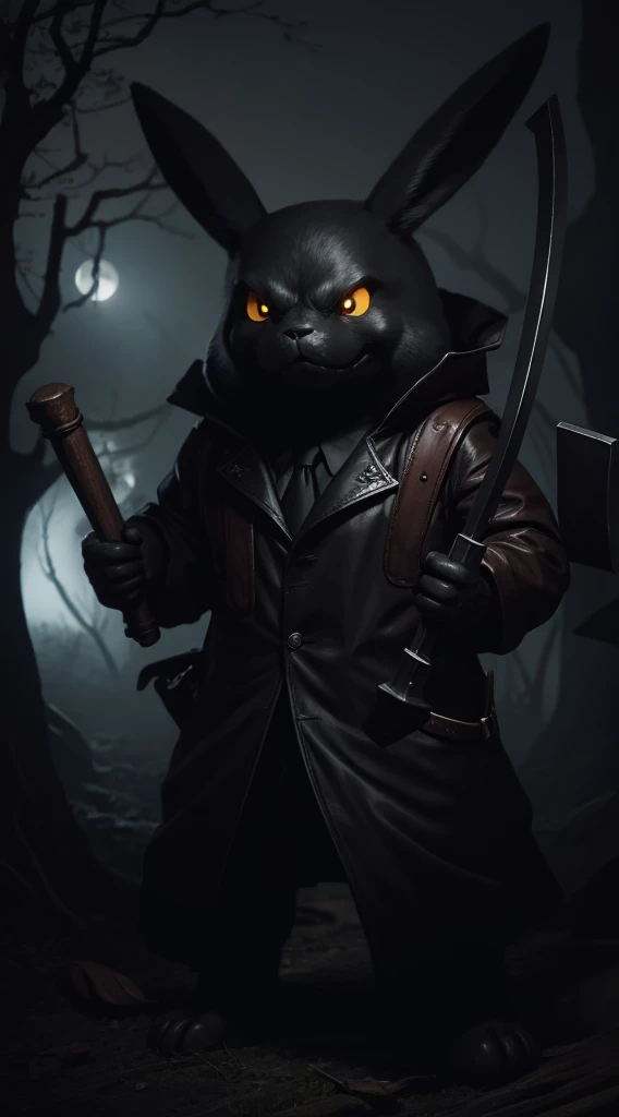 Furious Pikachu brandishing the Grim Reaper's scythe amidst the eerie moonlit forest with twisted, gnarled trees and ghostly apparitions lurking in the shadows.
