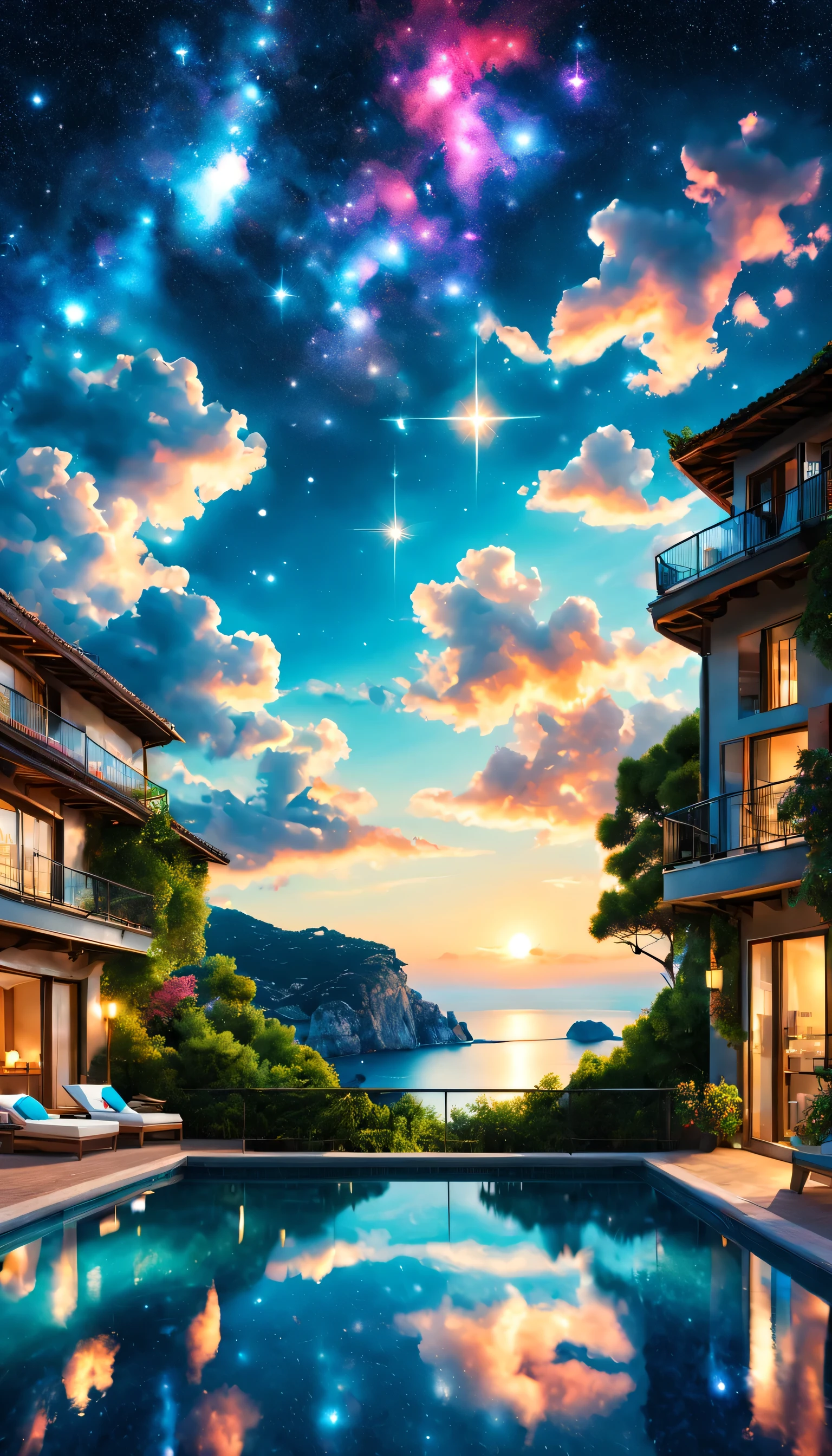Highestのリゾート地の風景photograph,beautiful sea,高品質でwonderful家具:designer furniture,A beautiful sky spreads out,dream-like,summer,cloud,sky blue,Marine Blue,wonderful景色が広がります,Luxury Resorts,luxurious space,Velar,An environment surrounded by rich nature,Highestの時間をあなたに,Highest品質,photograph,structurally correct,perfect composition,広告用に撮影されたphotograph,beautiful light and shadow,Photographed by a professional photographer,Highestのリゾート地に選ばれた,rich colors,Cast colorful spells,be familiar with,fantastic,wonderful,South of France,light effect,Sparkling,reflection,night,night空,star,Highest