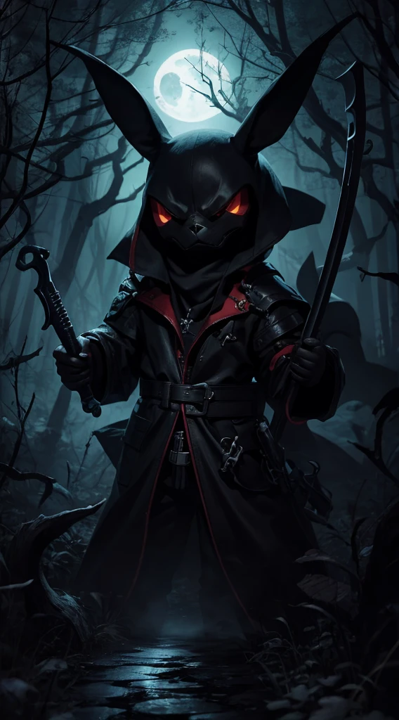 Furious Pikachu brandishing the Grim Reaper's scythe amidst the eerie moonlit forest with twisted, gnarled trees and ghostly apparitions lurking in the shadows.