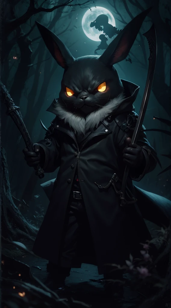 Furious Pikachu brandishing the Grim Reaper's scythe amidst the eerie moonlit forest with twisted, gnarled trees and ghostly apparitions lurking in the shadows.