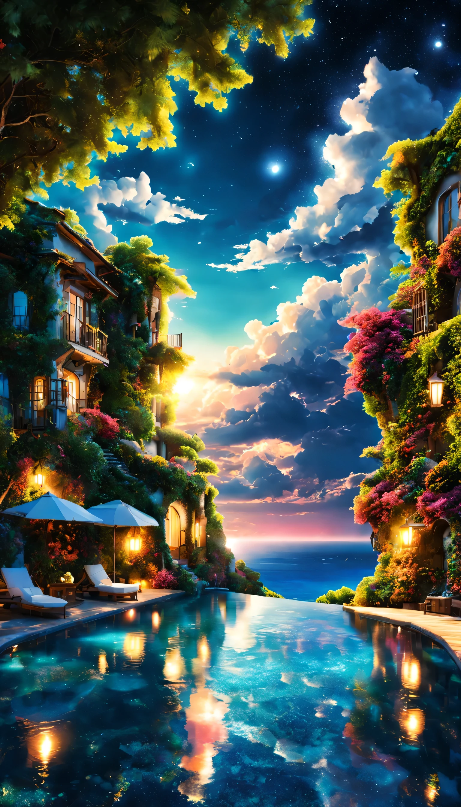 Highestのリゾート地の風景photograph,beautiful sea,高品質でwonderful家具:designer furniture,A beautiful sky spreads out,dream-like,summer,cloud,sky blue,Marine Blue,wonderful景色が広がります,Luxury Resorts,luxurious space,Velar,An environment surrounded by rich nature,Highestの時間をあなたに,Highest品質,photograph,structurally correct,perfect composition,広告用に撮影されたphotograph,beautiful light and shadow,Photographed by a professional photographer,Highestのリゾート地に選ばれた,rich colors,Cast colorful spells,be familiar with,fantastic,wonderful,South of France,light effect,Sparkling,reflection,night,night空,star,Highest