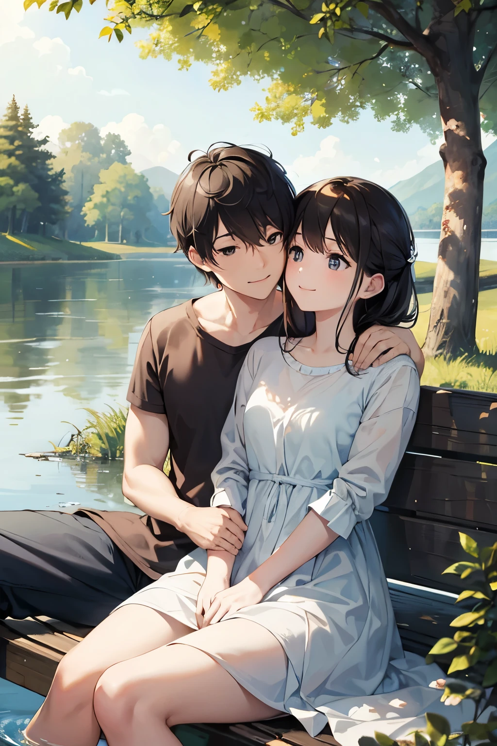 Masterpiece: 1.5, Photorealistic: 1.2, ultra-quality, ultra-detailed, Perfect drawing, Realistic human image,boyfriend and girlfriend, sitting, near the lake, under the tree, (full body shot: 0.6), clear faces, expressive eyes, romantic scene, natural colors, detailed textures, (couple: 1.1), sunny day, gentle breeze, calm atmosphere, (Nature: 0.8), serene background, realistic tree leaves, rippling water surface, (Smiling faces: 1.0), arms around each other, comfortable seating, (1.5 ratio: 1.0), touching moment