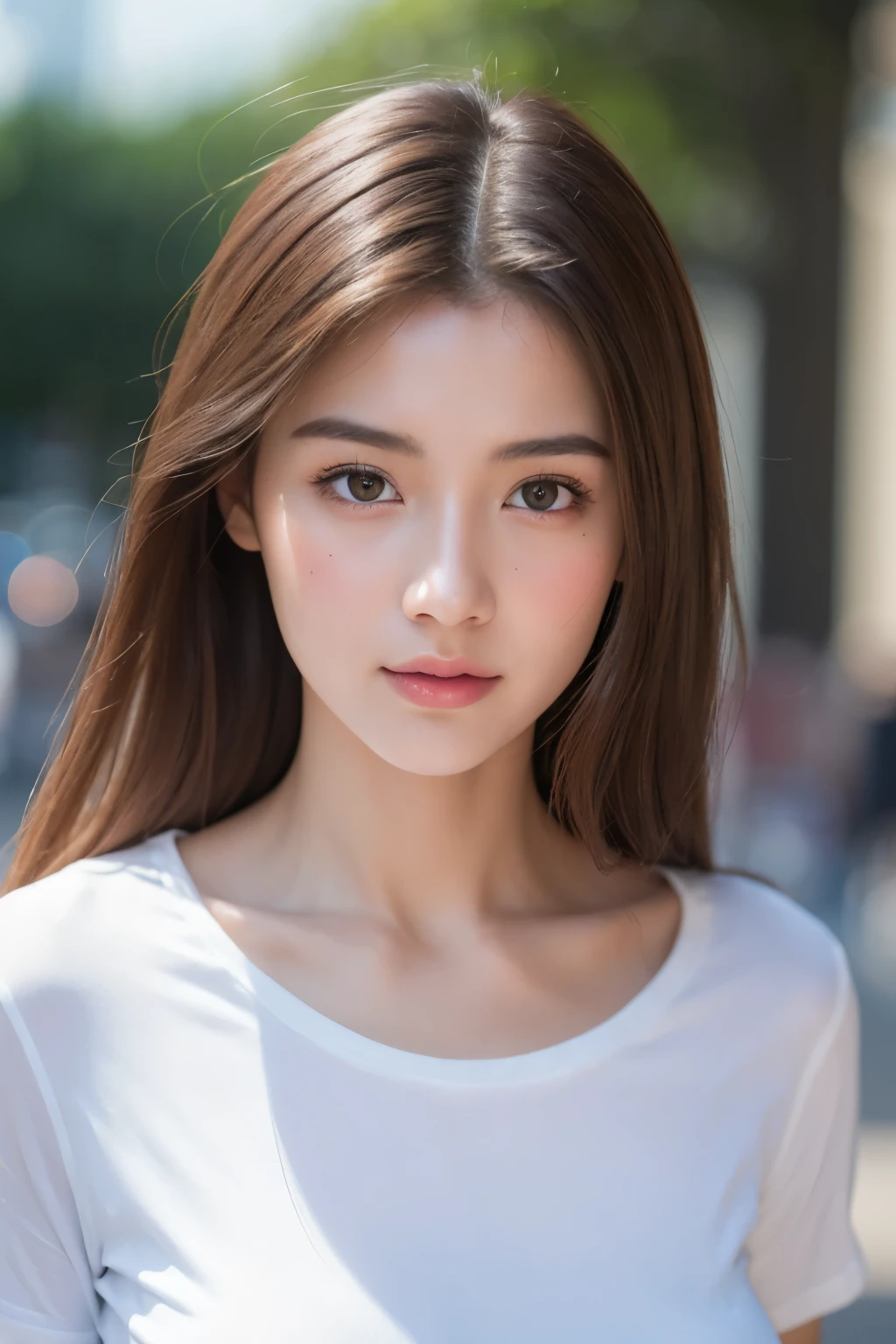 top-quality, ​masterpiece, 超A high resolution, Photorealsitic, Raw foto, ((one beautiful women)), 22year old, Detailed face, beautidful eyes, depth of fields, the city street, white t-shirts, full body shot, dinamic pose