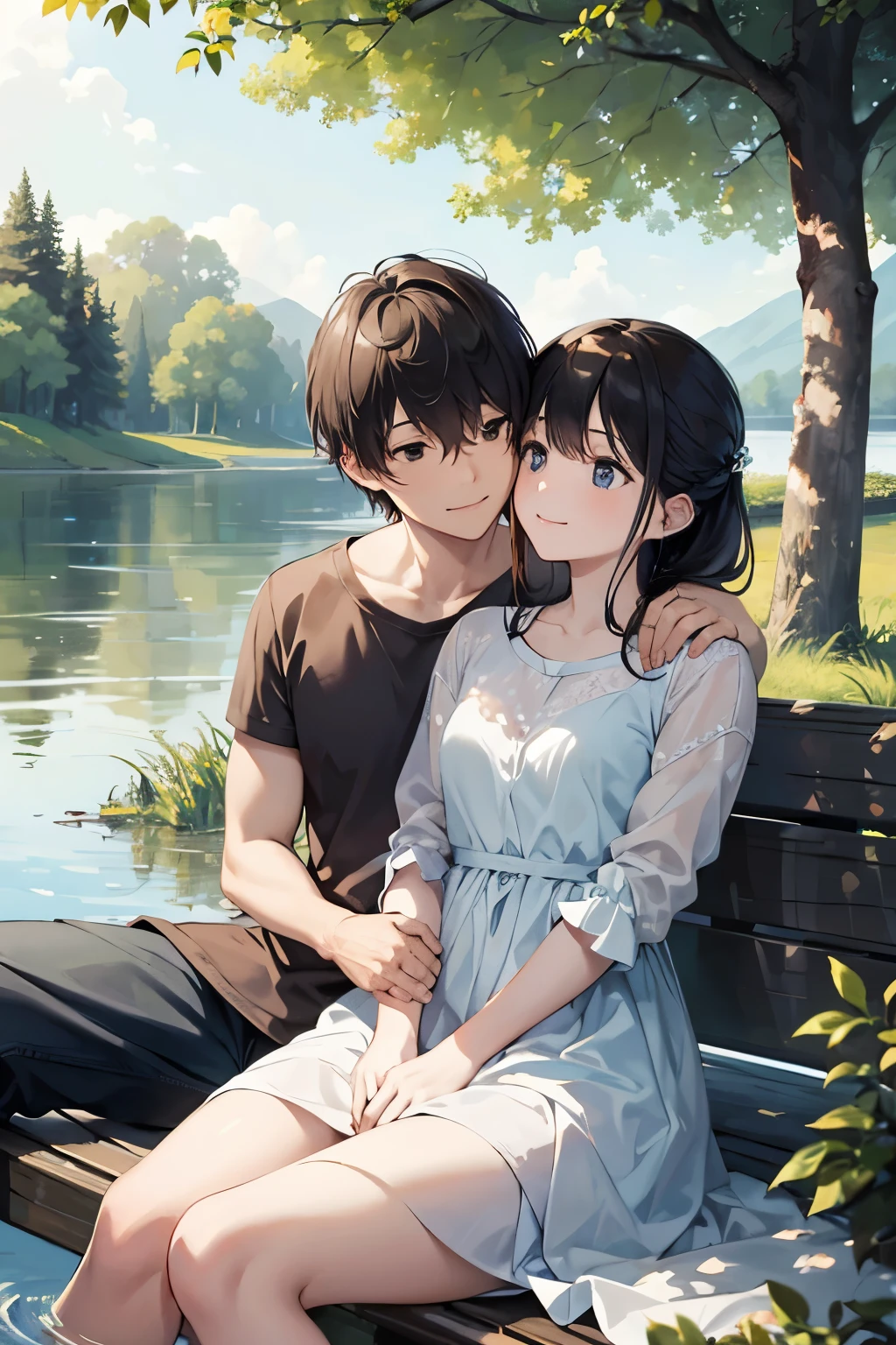 Masterpiece: 1.5, Photorealistic: 1.2, ultra-quality, ultra-detailed, Perfect drawing, Realistic human image,boyfriend and girlfriend, sitting, near the lake, under the tree, (full body shot: 0.6), clear faces, expressive eyes, romantic scene, natural colors, detailed textures, (couple: 1.1), sunny day, gentle breeze, calm atmosphere, (Nature: 0.8), serene background, realistic tree leaves, rippling water surface, (Smiling faces: 1.0), arms around each other, comfortable seating, (1.5 ratio: 1.0), touching moment