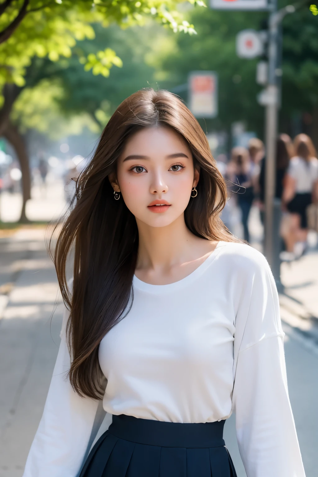 top-quality, masterpiece, 超A high resolution, Photorealsitic, Raw foto, ((one beautiful women)), 22year old, Detailed face, beautidful eyes, depth of fields, the city street, white t-shirts, full body shot, dinamic pose, wearing jackets, wearing skirt