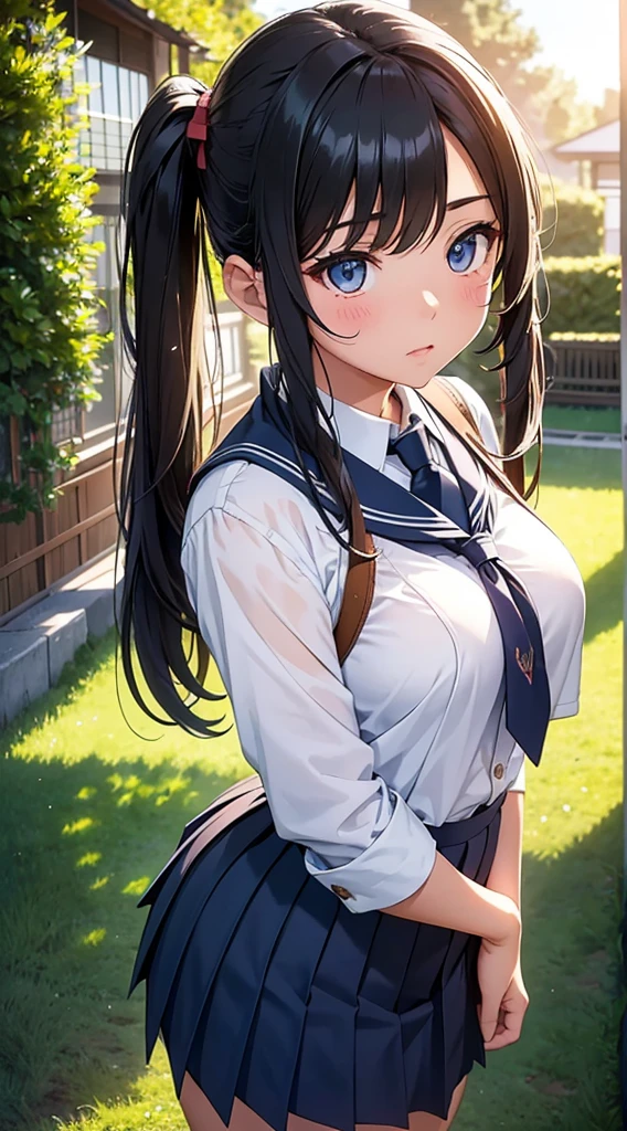 ((best quality)), ((masterpiece)), ((detailed)), (((perfect face))), (((slender 18yo age girl))), (((topless))), (((medium breasts))), ((dark blue pleated skirt from waist to thighs))), ((dark brown hair)), ((short ponytail)), (((blue eyes))), ((shy:1.4)), ((blushing:1.5)), ((skinny thighs)), ((skinny hips)), (((bare arms))), (((bare shoulders))), (((bare stomach))), (((giant brick building, tinted windows)))), (((standing))), (((girl looking away))), (((shy arms))))