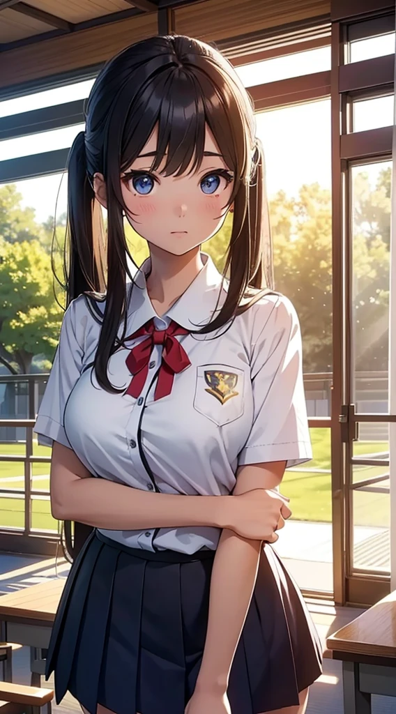 In the heart of a serene Japanese school campus, a captivating girl with medium-length, wavy twin tails is taking a moment to appreciate the breathtaking scenery during homeroom (1.5). The sun's rays illuminate the daytime landscape, casting a warm, golden glow over the lush greenery and rolling hills (8K, best quality, masterpiece:1.2).
Sporting a cute, open-chest school uniform that highlights her graceful figure and super detailed features, she flaunts a beautiful, intricately detailed face with expressive, large, and captivating eyes (real, photorealistic:1.3