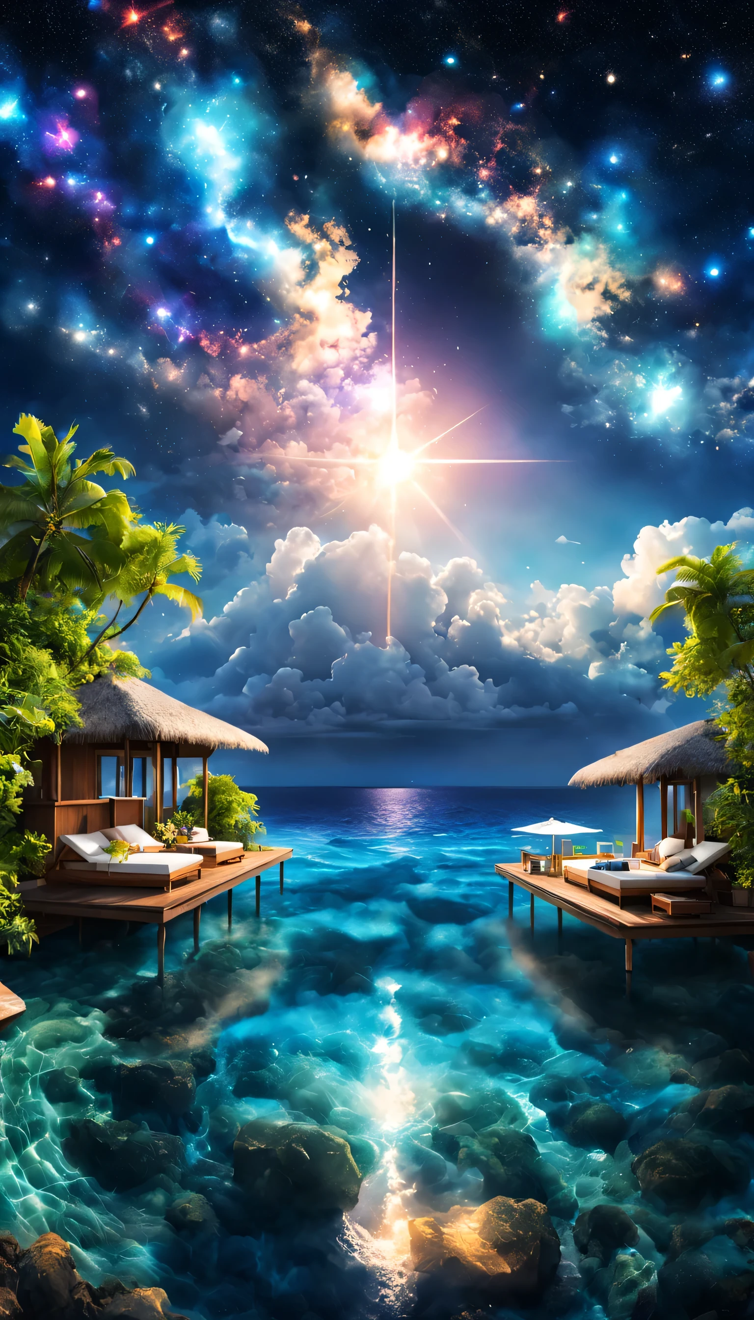 Highestのリゾート地の風景photograph,beautiful sea,高品質でwonderful家具:designer furniture,A beautiful sky spreads out,dream-like,summer,cloud,sky blue,Marine Blue,wonderful景色が広がります,Luxury Resorts,luxurious space,Velar,An environment surrounded by rich nature,Highestの時間をあなたに,Highest品質,photograph,structurally correct,perfect composition,広告用に撮影されたphotograph,beautiful light and shadow,Photographed by a professional photographer,Highestのリゾート地に選ばれた,rich colors,Cast colorful spells,be familiar with,fantastic,wonderful,maldives,light effect,Sparkling,reflection,night,night空,star,Highest