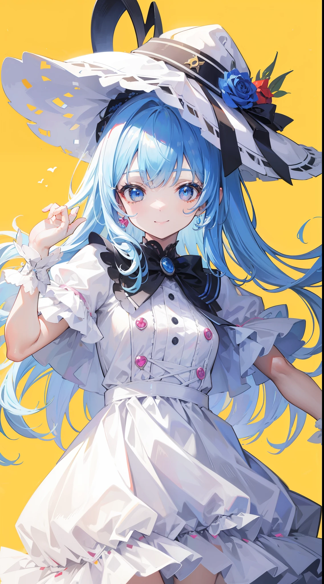 32k, best quality, ultra-detailed, high resolution, perfect anatomy, head on, cute girl, cute dress, cute hat, cute smile, colorful background,
