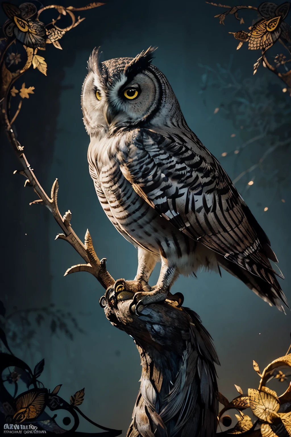 Picture of animal, an owl, not human, bird, mail art, fantasy, fairytale, detailed splatter ink, dynamic poster, comic style art, black colors, shadow play, highly detailed unusual beautiful details, intricated, intricated pose, tiny details masterpiece, high quality, intricated lighting, luminism, dramatic