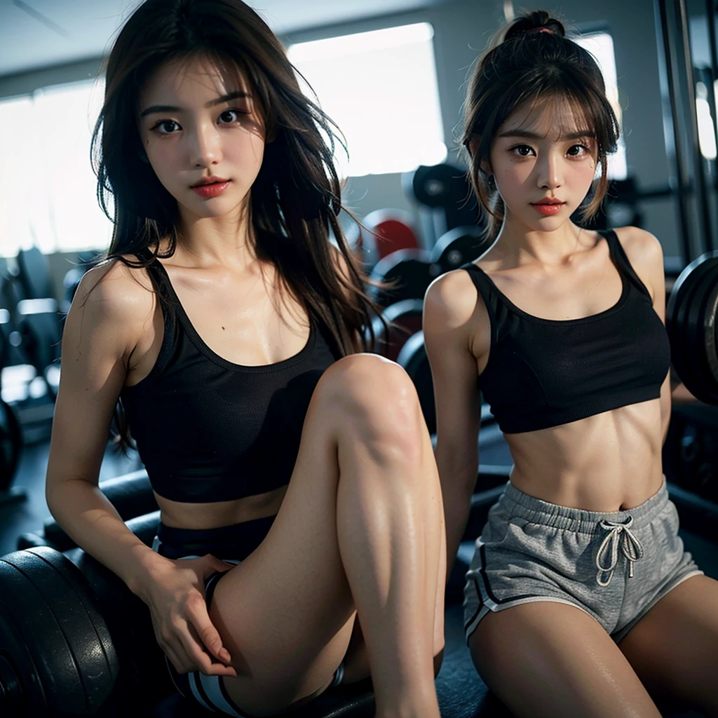 (highest quality, 8K, masterpiece :1.3)), 1 girl, pretty woman with thin abs, (long hair, super detailed face, fine eyes, double eyelid, sport shorts, Extremely short shorts, korean girl, soft lighting, Depth of bounds written, sexy pose, Gym,